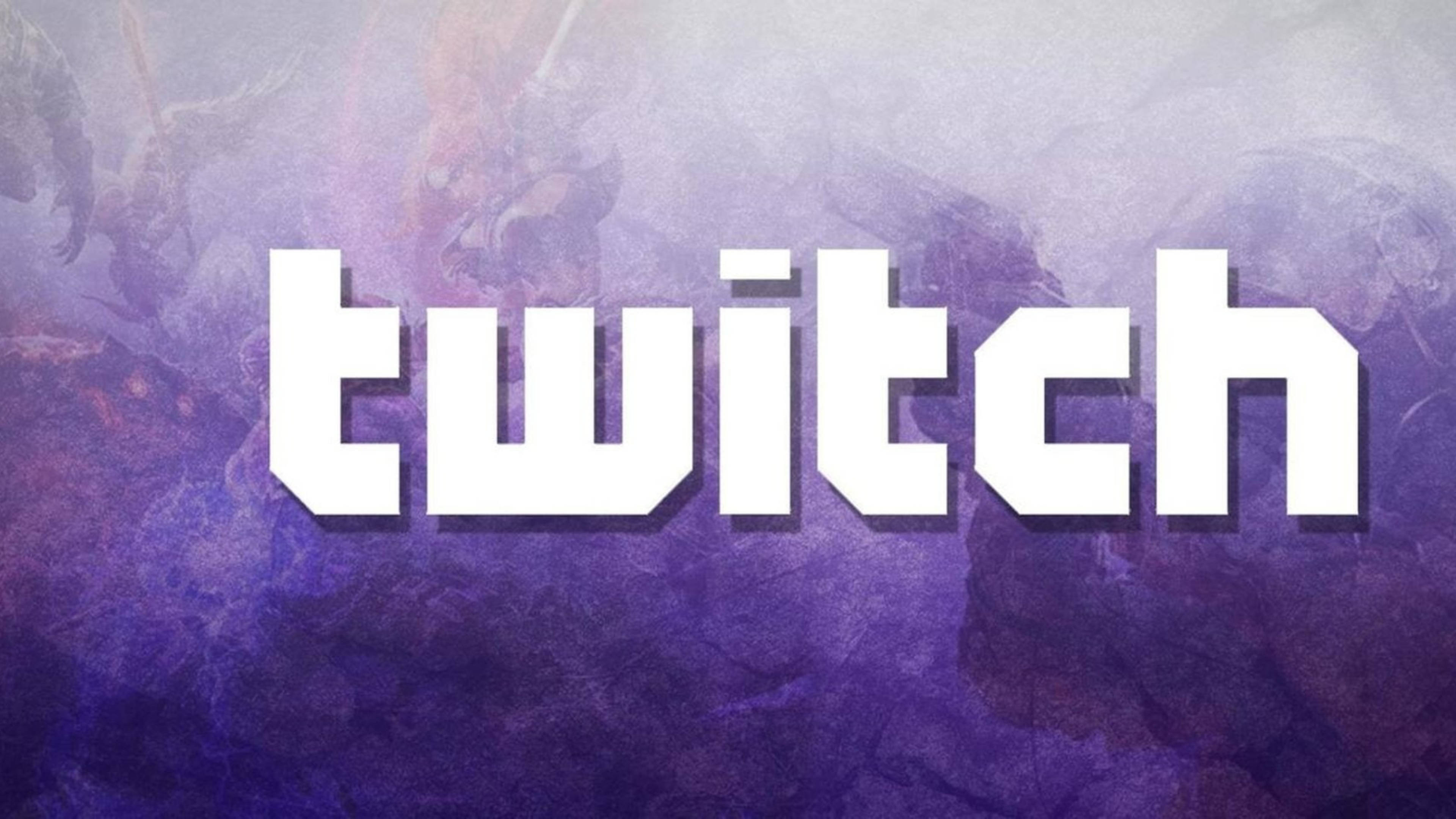 Twitch 白色字體標誌 壁紙 — Twitch 標誌以粗體白色字母在帶有紋理的紫色和粉紅色抽象背景上脫穎而出。