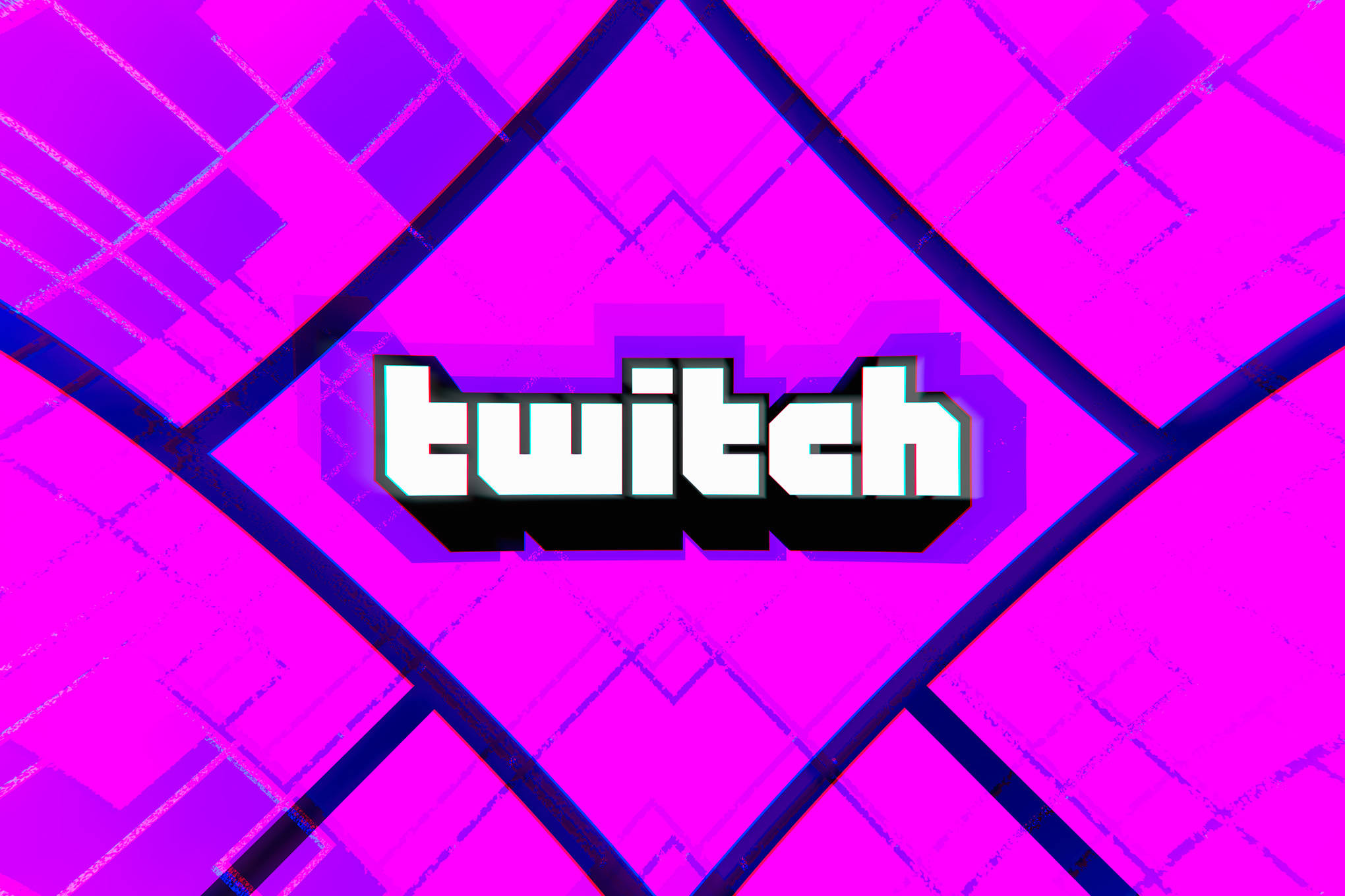 Twitch 紫粉藝術圖案 壁紙 — 充滿活力的粉紅色和紫色幾何圖案，帶有故障效果的 Twitch 標誌居中，以粗體白色文字顯示。
