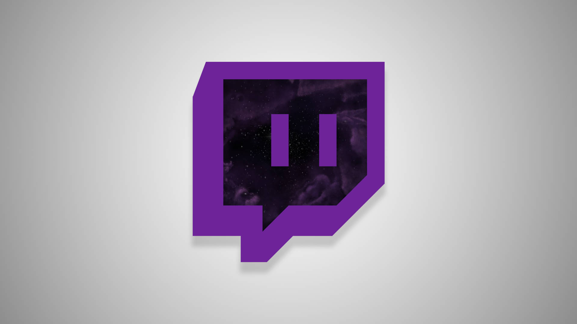 Twitch 紫黑標誌 壁紙 — 一個大膽的紫色Twitch標誌，內部有宇宙星系，居中放置在柔和的灰色漸變背景上。