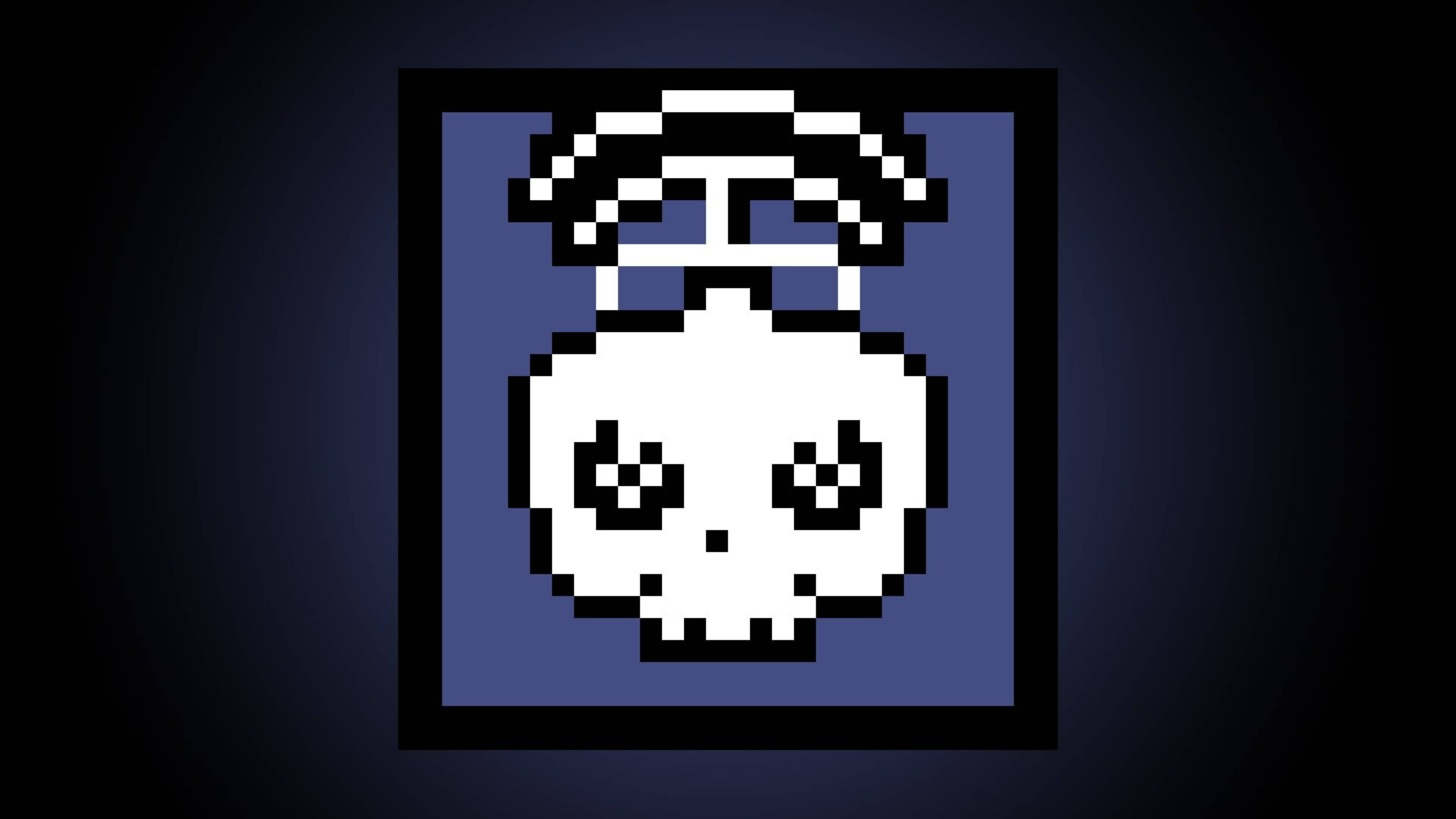 Twitch 雨傘六號 Siege 像素徽章 壁紙 — 一個像素化的白色骷髏頭，戴著黑色高頂帽，背景為深藍色漸變。