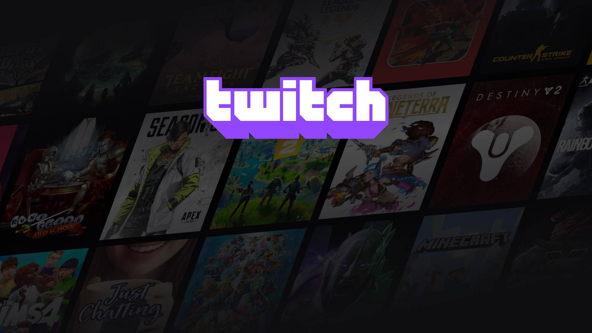Twitch 電競遊戲直播 壁紙 — Twitch 標誌以鮮豔紫色居中，置於包含 Apex Legends 和 Minecraft 的深色遊戲縮圖網格上方。
