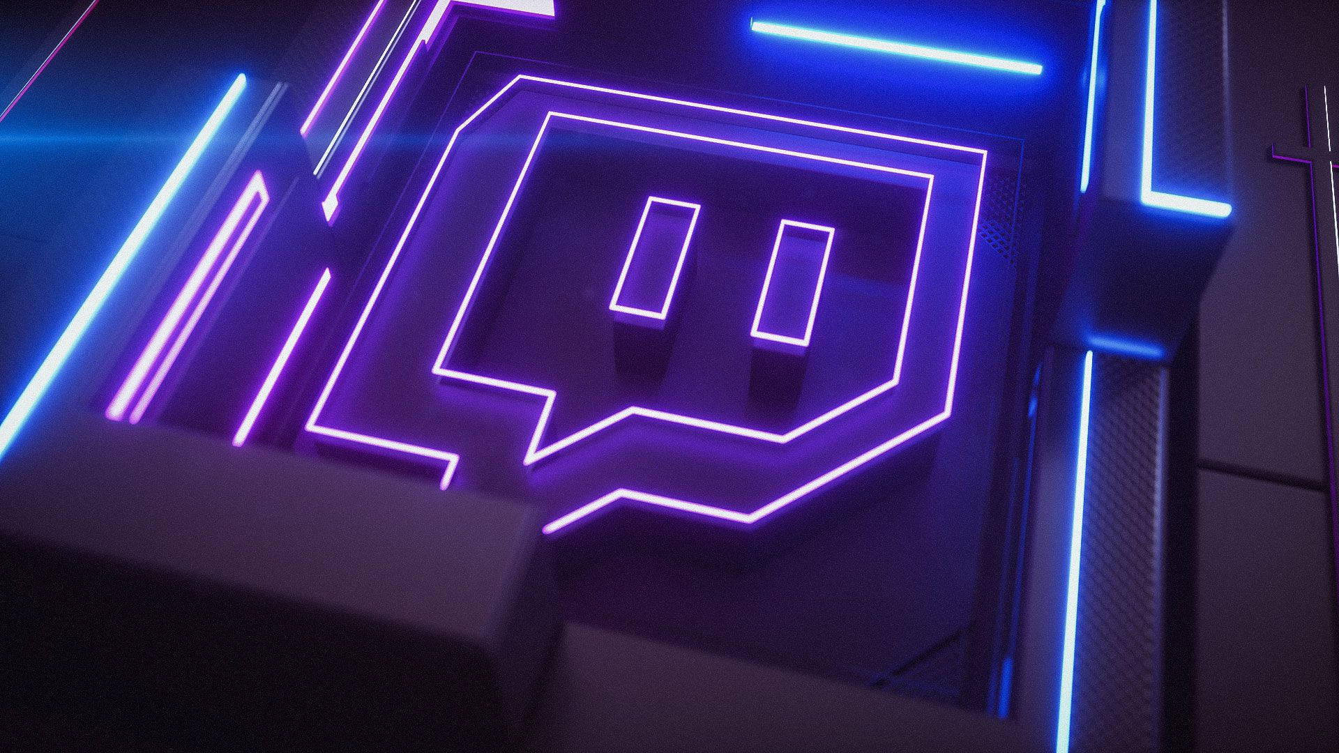 Twitch 霓虹標誌 壁紙 — 一個發光的紫色和藍色霓虹Twitch標誌，嵌入在黑暗的未來風格牆壁中，帶有銳利的幾何照明點綴。