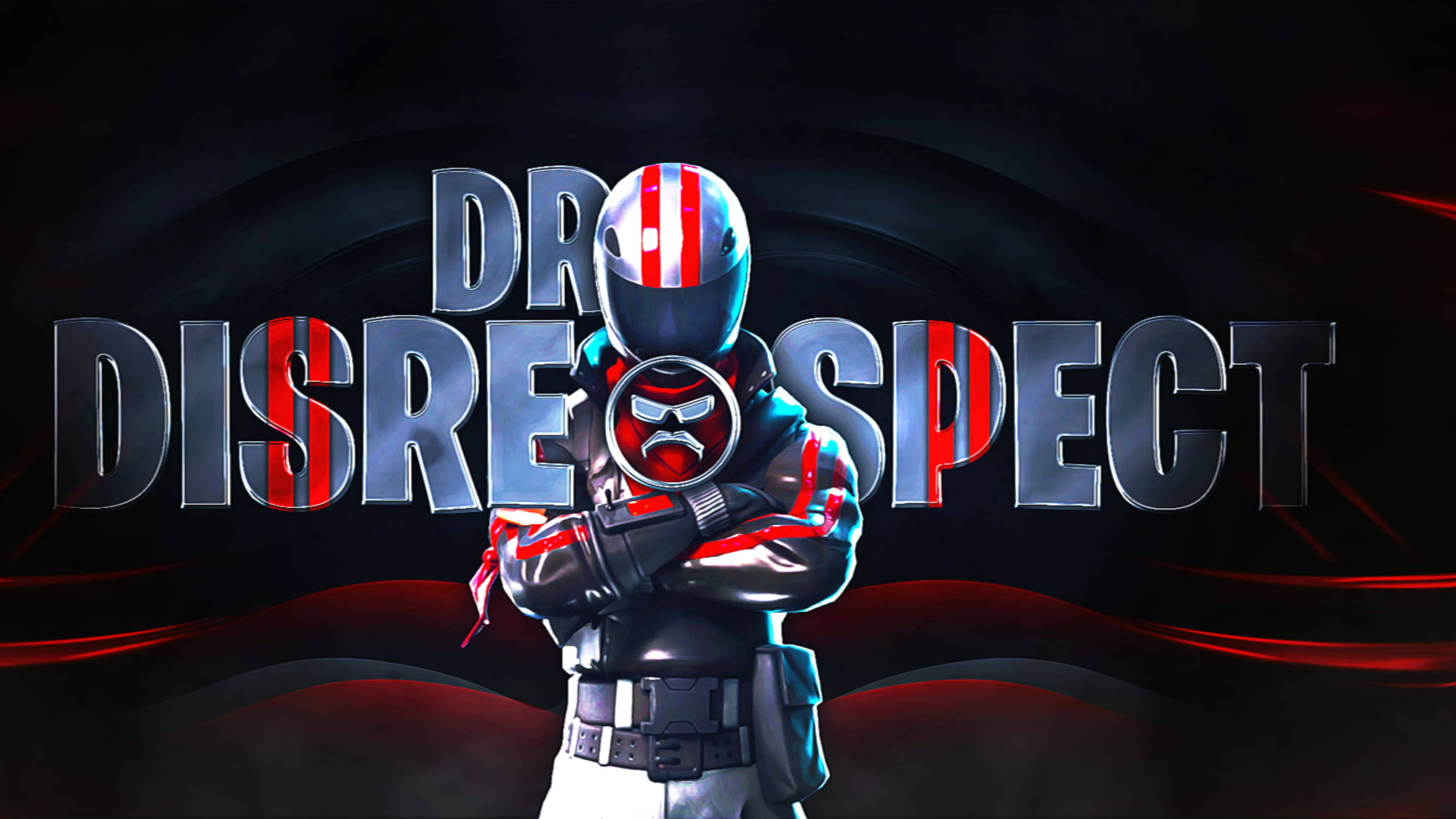 Twitch 頻道主播 Dr Disrespect 壁紙 — 一個風格化的電玩角色戴著頭盔和西裝，自信地交叉雙臂站在黑暗背景前，背景有發光的紅色點綴，並以粗體金屬字體顯示標題「DR. DISREPECT」。
