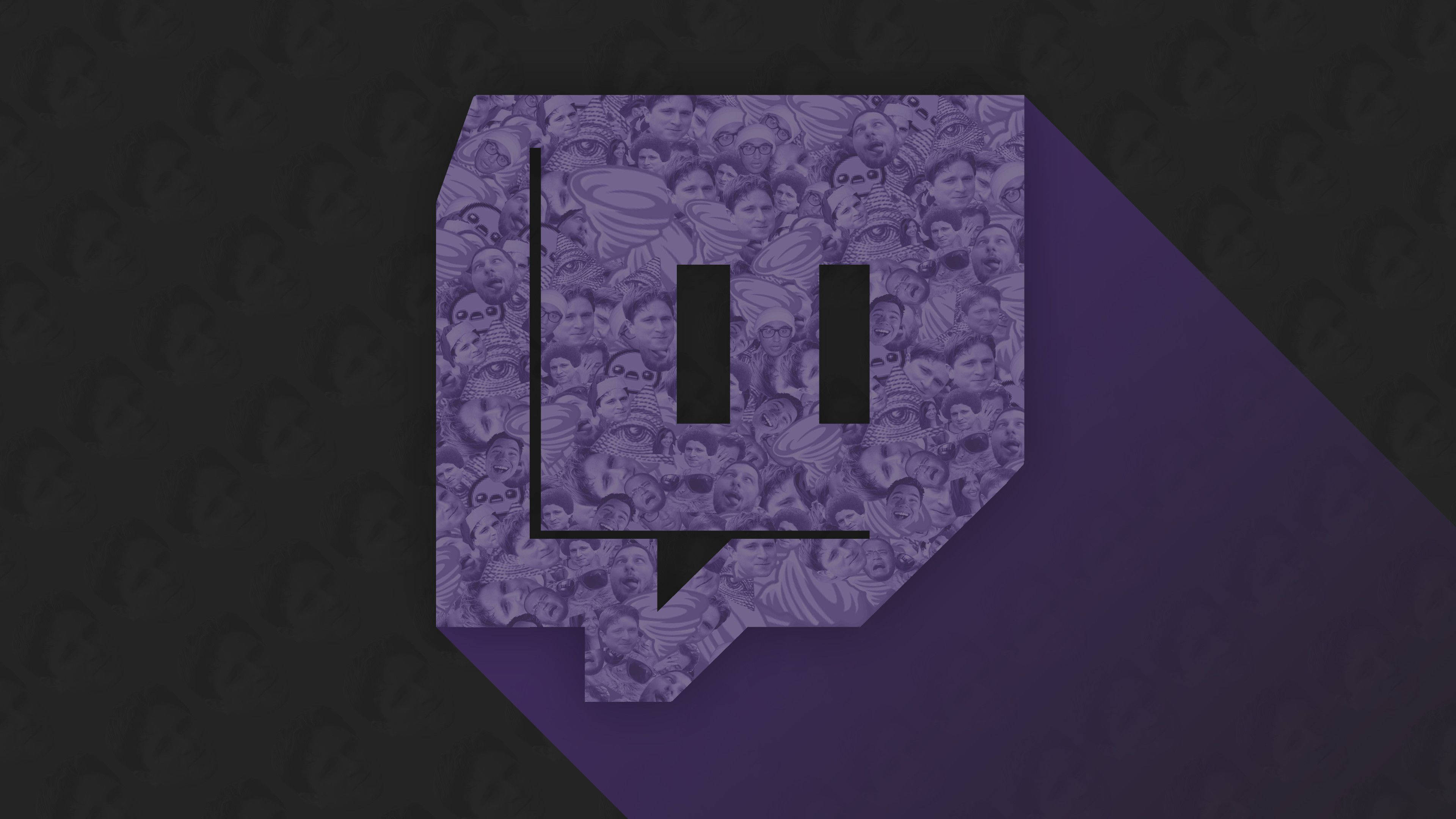 Twitch平台美學藝術 壁紙 — 一個紫色的Twitch標誌，充滿人群面孔，在深色背景上投下長長的陰影。