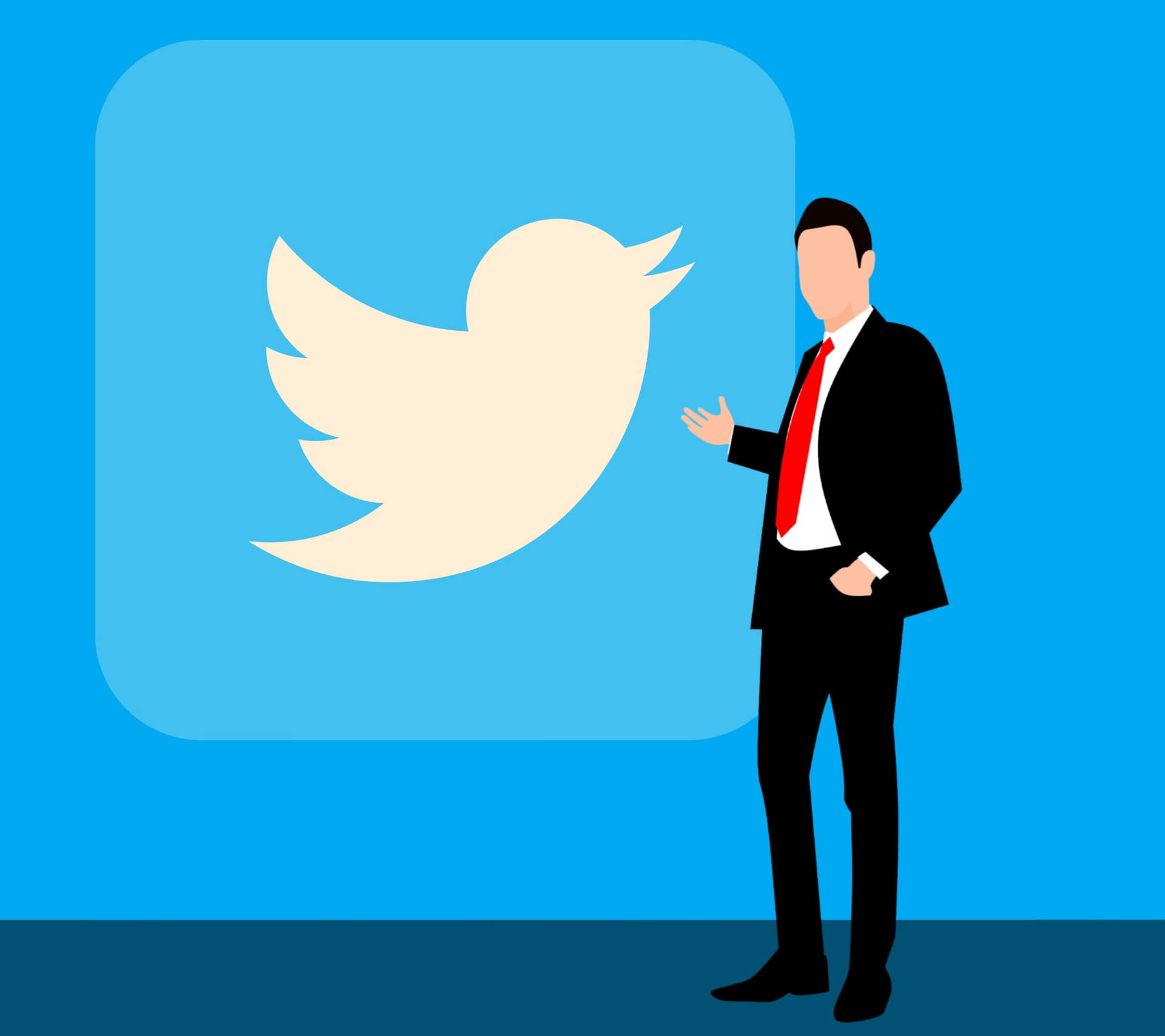 身穿西裝的商人對著藍色背景上的Twitter標誌做手勢。