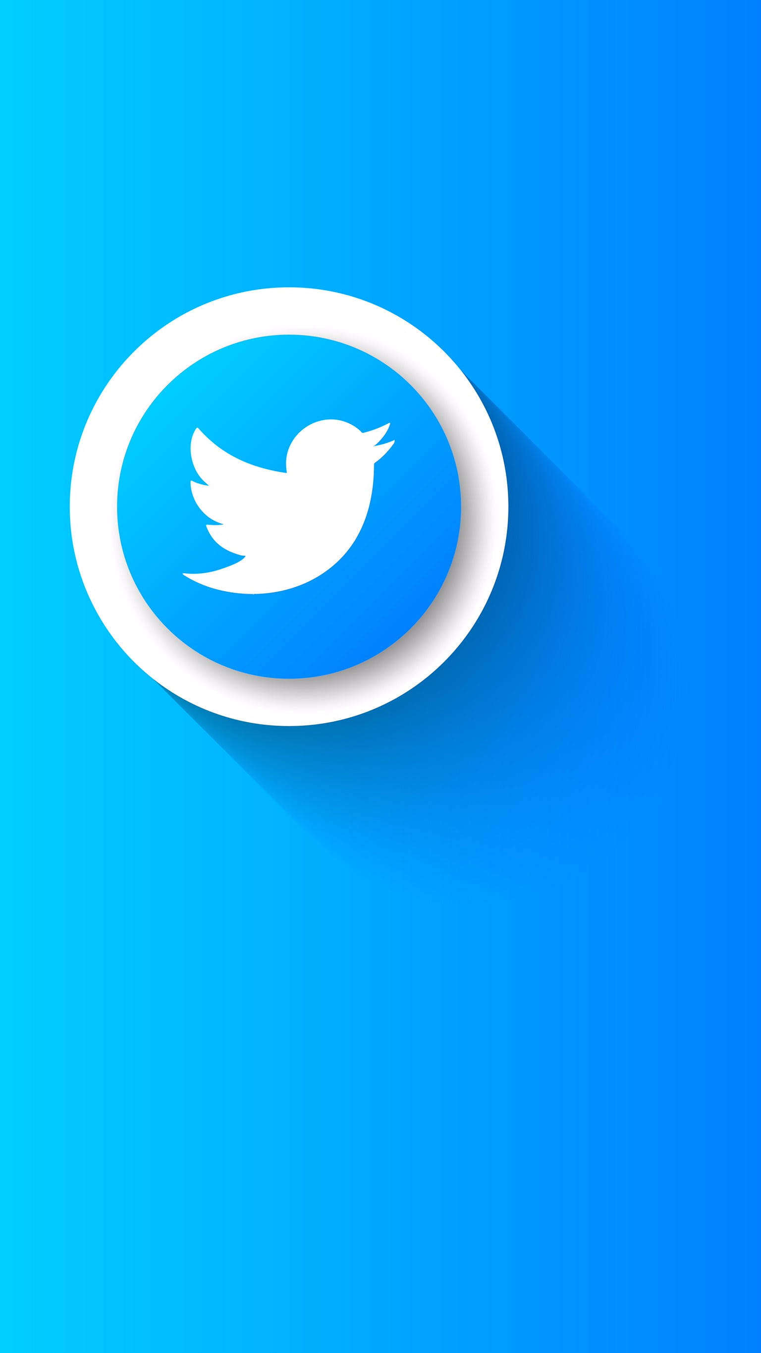 Twitter鳥形徽章 壁紙 — 一個白色的Twitter鳥標誌居中在一個白色圓圈內，在漸變藍色背景上投下長長的陰影。