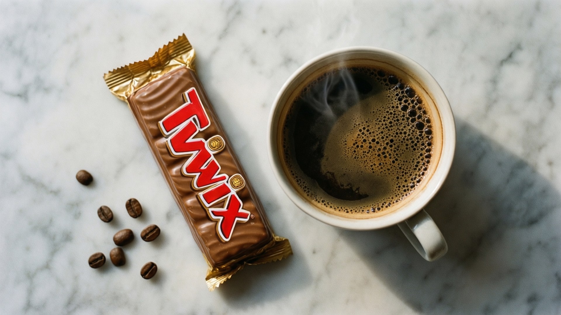 冒煙的咖啡杯和Twix朱古力棒放在大理石上，伴有咖啡豆