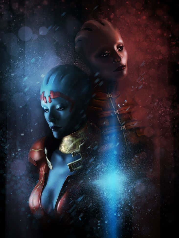 Mass Effect Samara 桌布 壁紙 — 兩個身穿未來裝甲的外星戰士站在宇宙粒子之間，他們之間有發光的藍色能量。
