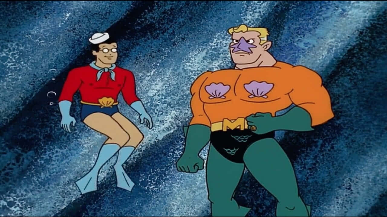  壁紙 — 兩個動畫超級英雄在洶湧的藍色海浪中游泳，周圍有氣泡升起。