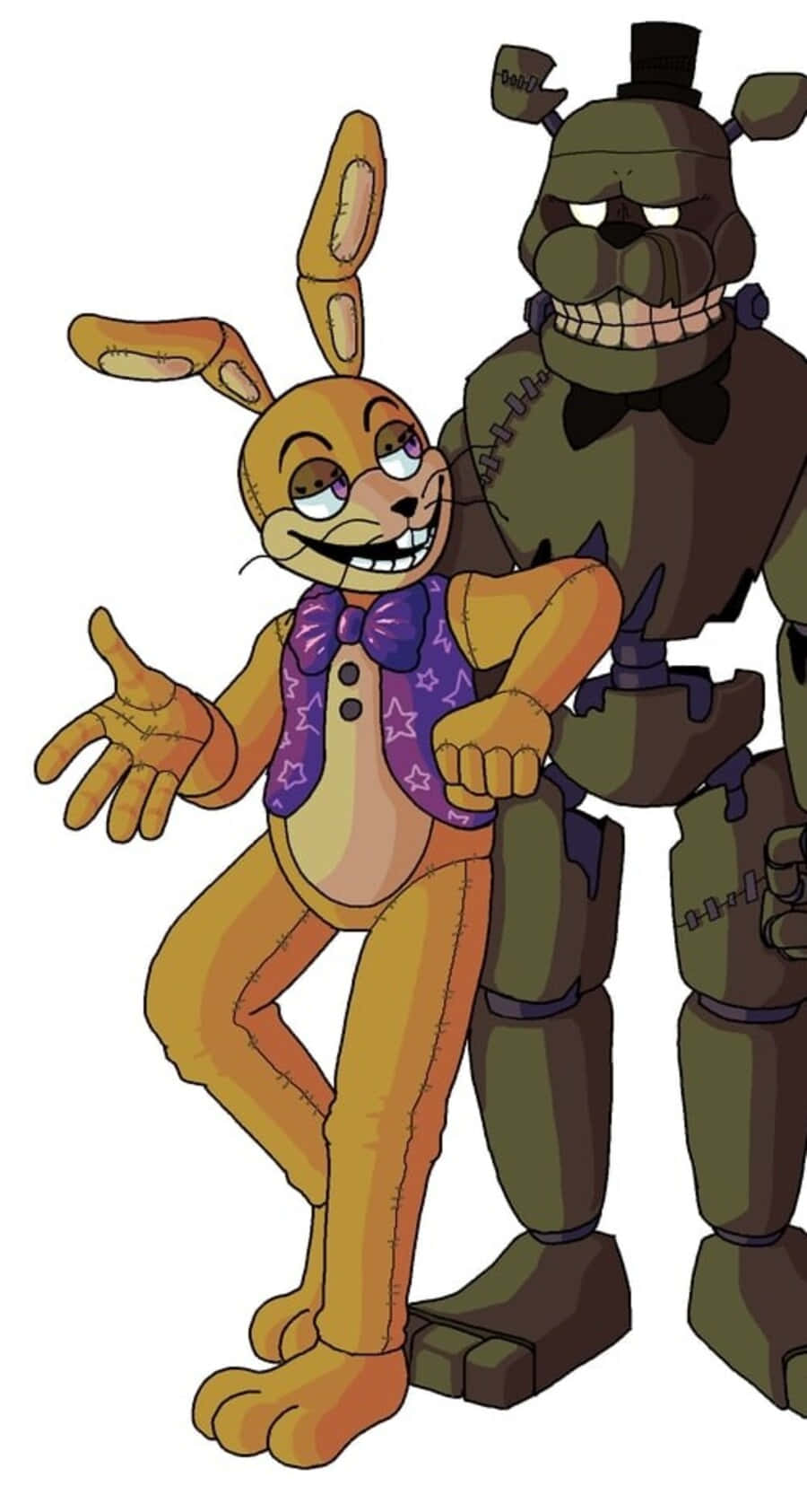 Dreadbear 桌布 壁紙 — Five Nights at Freddy's 中的兩個電子動畫角色一起擺姿勢，一隻穿著紫色背心的橙色兔子和一隻戴著高頂帽的綠色熊。