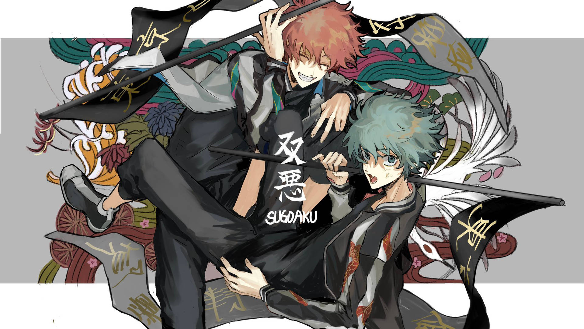 《東京卍復仇者》怒怒與微笑持旗幟 壁紙 — 兩個身穿黑色制服嘅動畫男仔喺旋轉嘅旗幟同花卉圖案中揮劍交鋒。