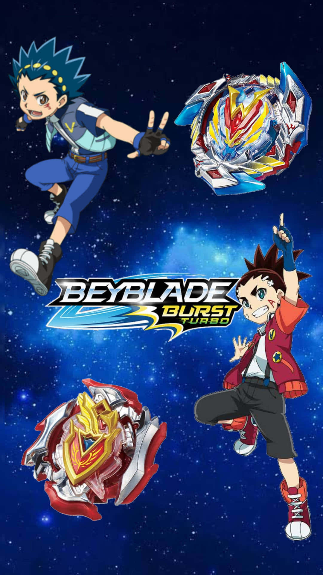 壁紙 — 兩個動畫男孩以動態姿勢漂浮在發光的Beyblade之間，背景是星光燦爛的宇宙，並帶有Beyblade Burst Turbo標誌。