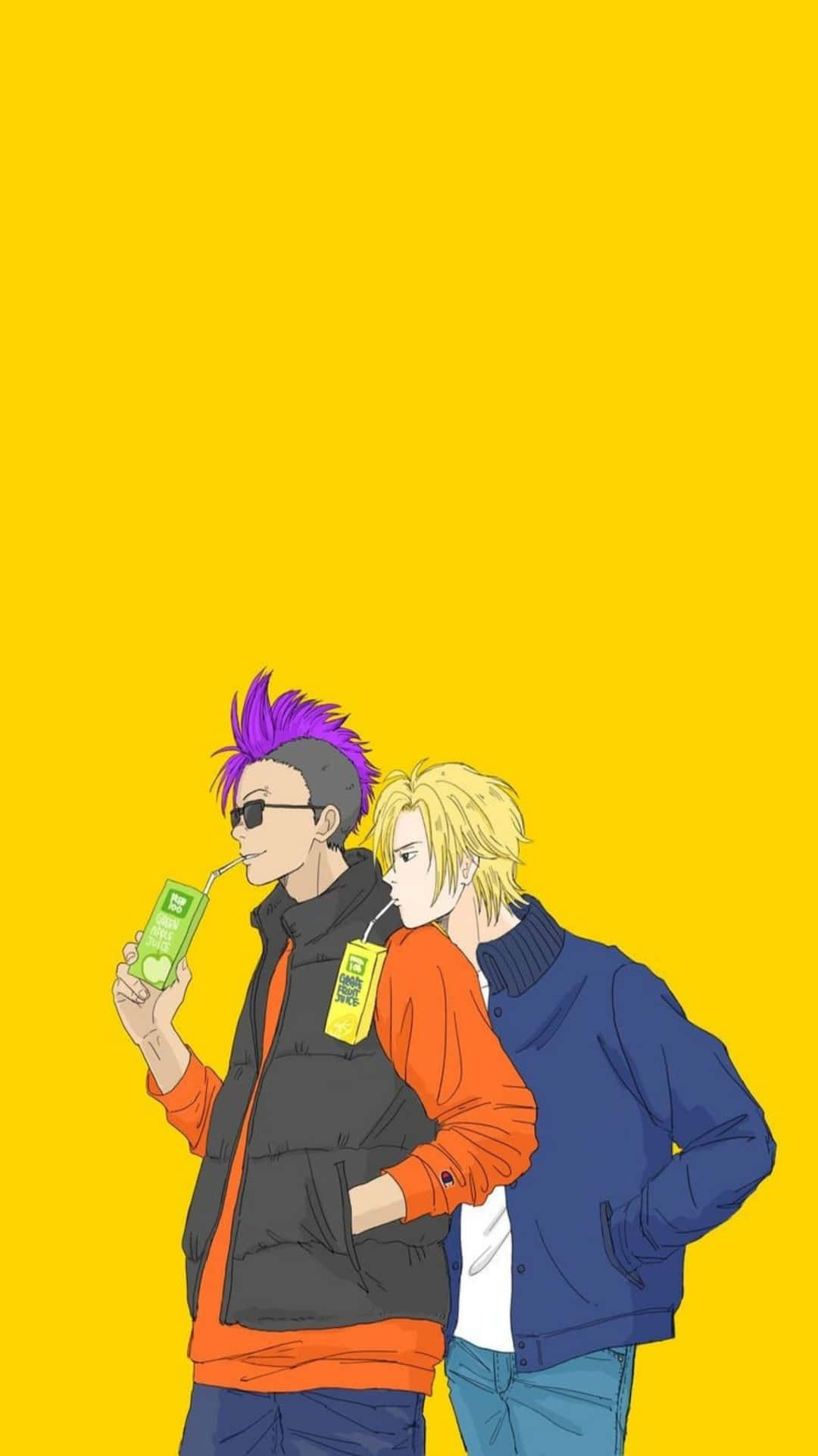  壁紙 — 兩個動畫男孩，頭髮鮮豔，在純黃色背景前喝飲料。