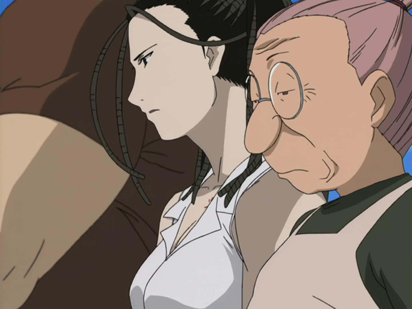  壁紙 — 兩個動漫角色，一個辮子年輕女子和一個戴眼鏡的年長男子，並肩而坐，靜靜沉思。