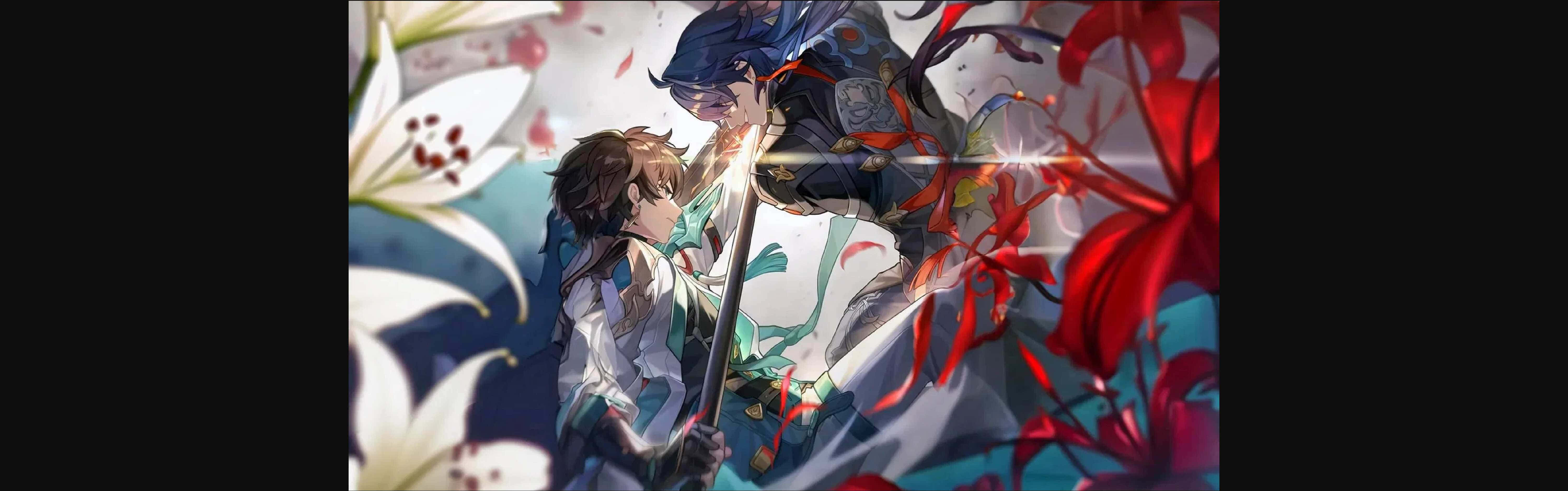  壁紙 — 兩個動漫角色在白色和紅色百合花環繞下，伴隨著發光能量效果進行動態戰鬥。