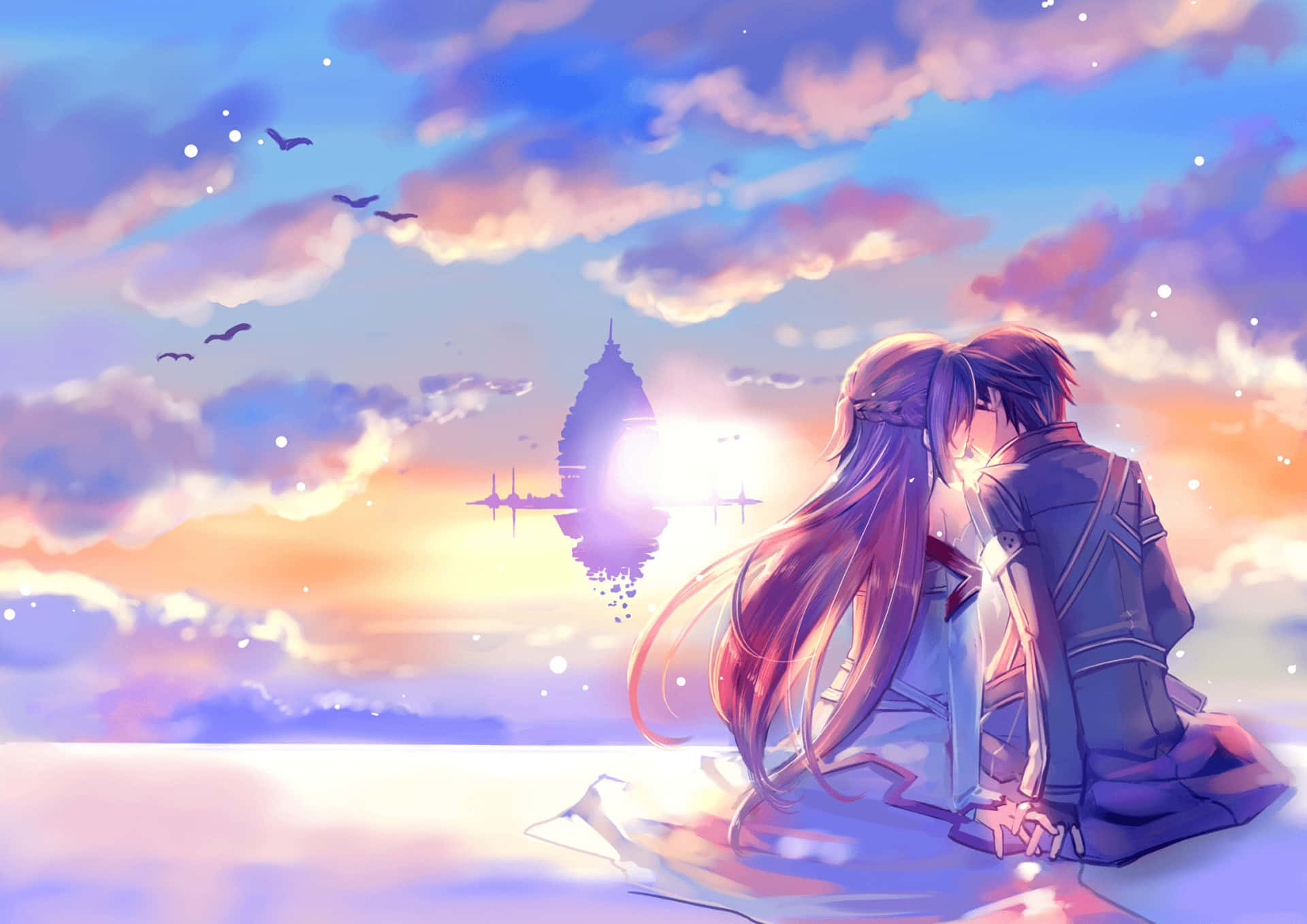 Yuuki Asuna 桌布 壁紙 — 兩個動漫角色在反射表面上擁抱，而發光的太陽在遠處城堡剪影後落下。
