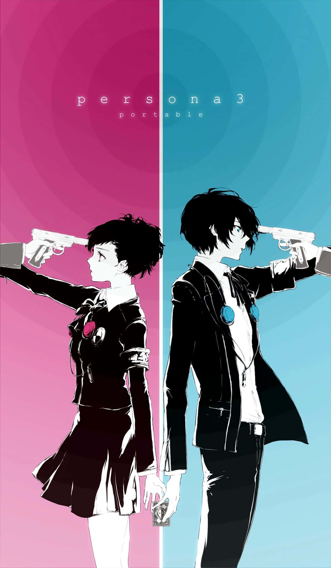 Persona 3 Reload 桌布 壁紙 — 兩個動漫角色在粉紅和藍色背景的分割畫面中對峙，各自將槍指向自己的頭部。