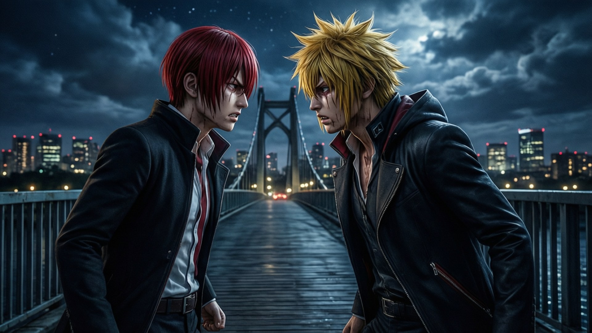 durarara 桌布 壁紙 — 兩個動漫角色在星空下、濕滑的橋上對峙，背後是閃爍的城市。