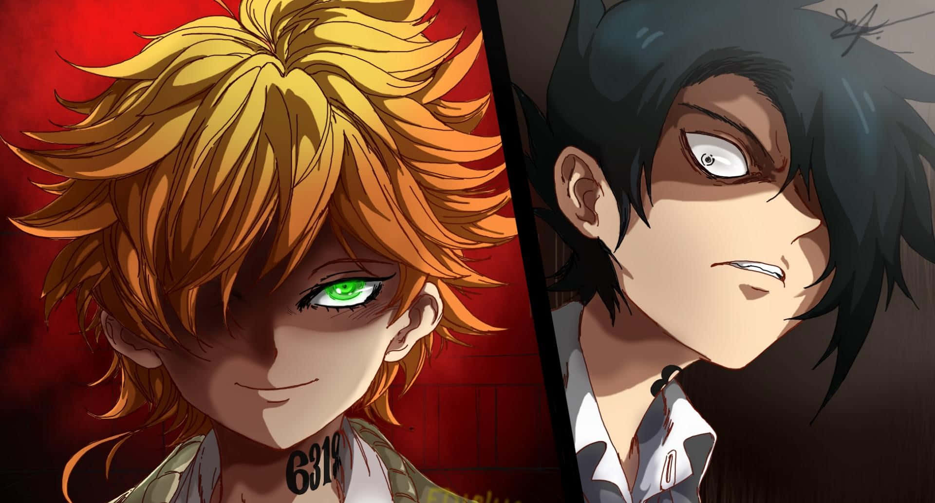 The Promised Neverland Emma 桌布 壁紙 — 兩個動漫角色對峙——一個有金色刺蝟頭和綠色眼睛，背景為紅色；另一個有深色頭髮和陰暗色調中的銳利眼神。