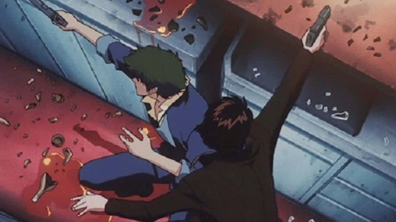 Cowboy Bebop Shin 桌布 壁紙 — 兩個動漫角色在骯髒的城市小巷中，在破碎的碎片和熾熱的爆炸中持槍衝突。