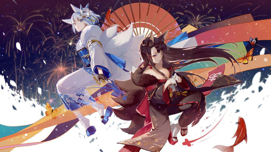  壁紙 — 兩個穿著傳統日本服飾的動漫角色在星空下，於煙花和彩色絲帶中跳舞。
