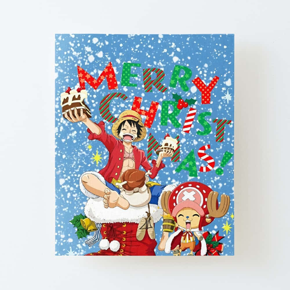 One Piece Christmas 桌布 壁紙 — 兩個動漫角色在雪景中快樂地慶祝聖誕節，在節日「聖誕快樂」橫幅下拿著蛋糕。