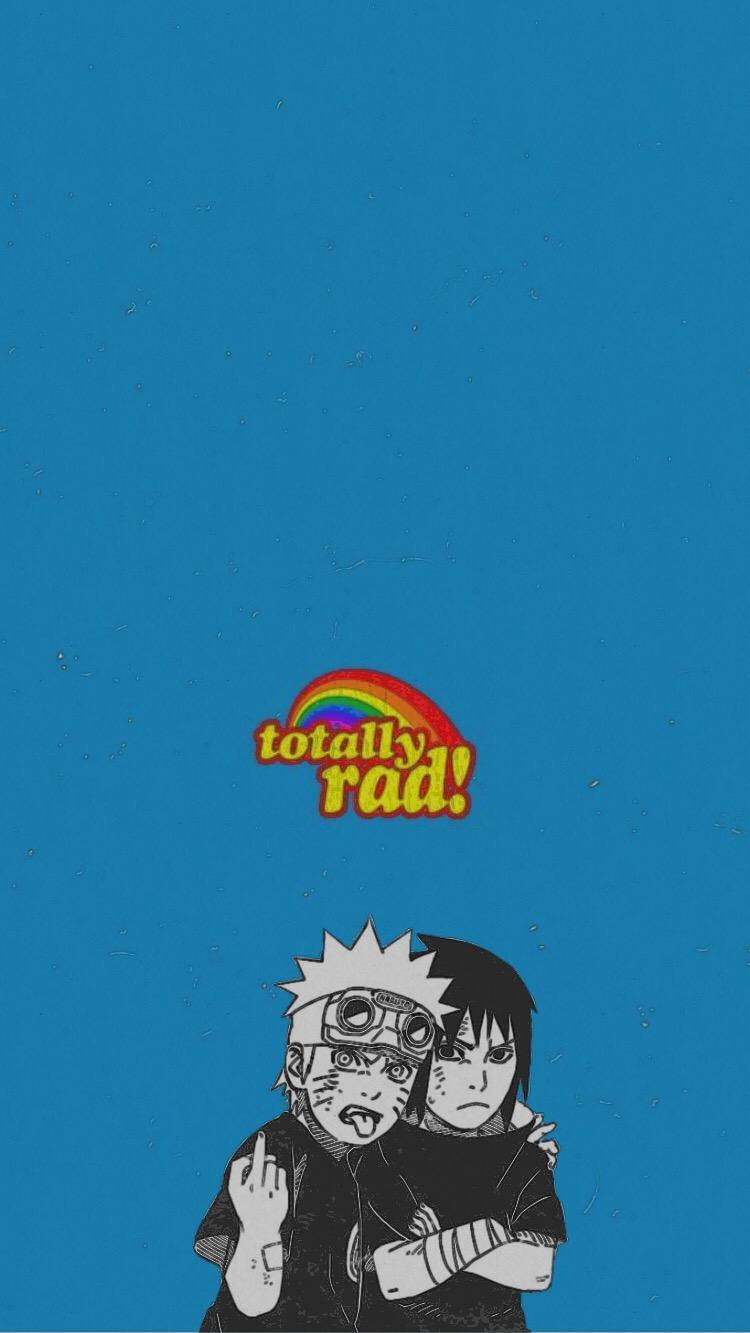兩個動漫忍者角色在彩虹 'totally rad!' 標誌下擺出挑釁姿勢。
