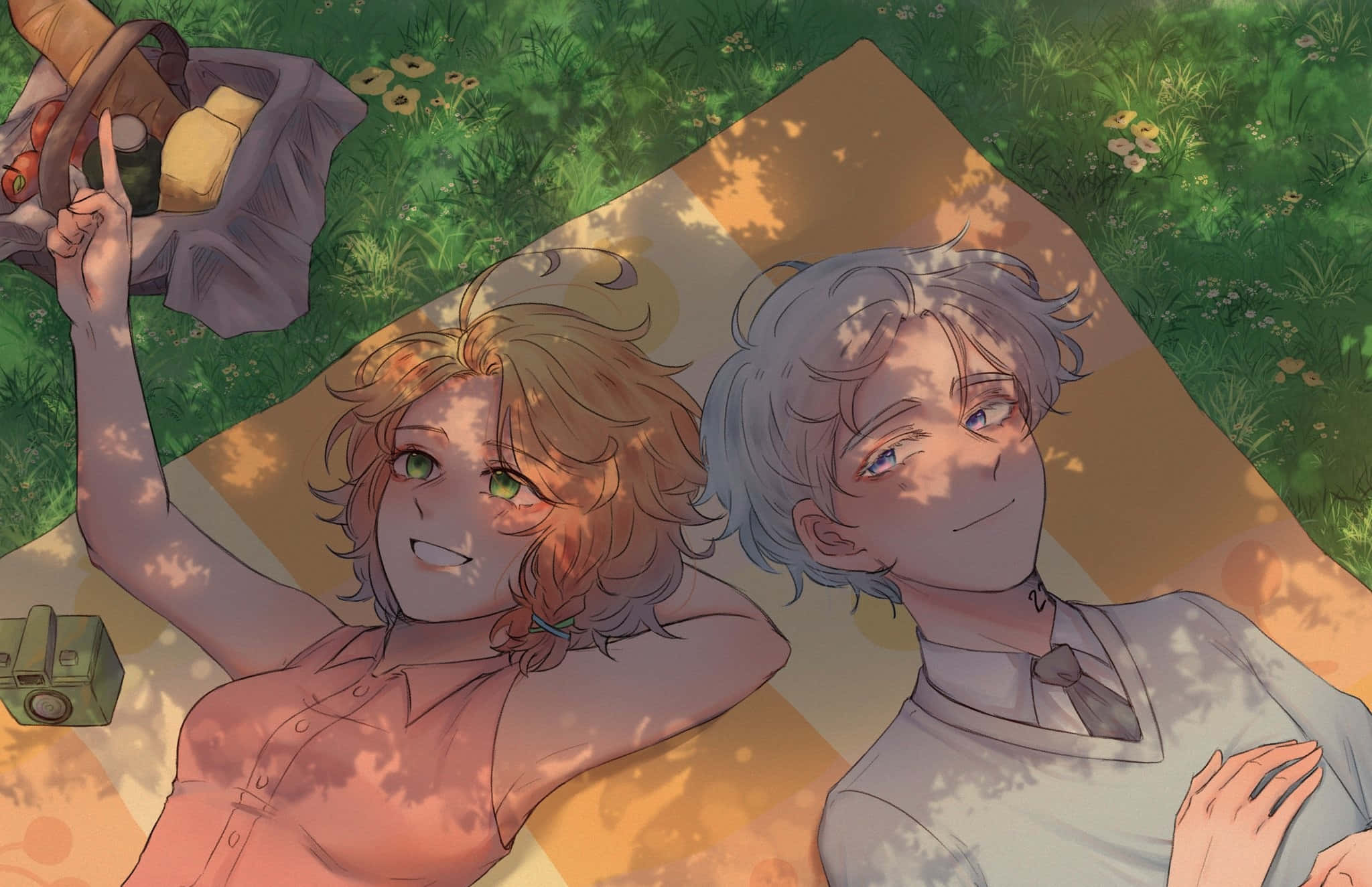 The Promised Neverland Norman 桌布 壁紙 — 兩個動漫角色在斑駁的陽光下於野餐墊上放鬆，旁邊有一個裝滿食物的籃子。