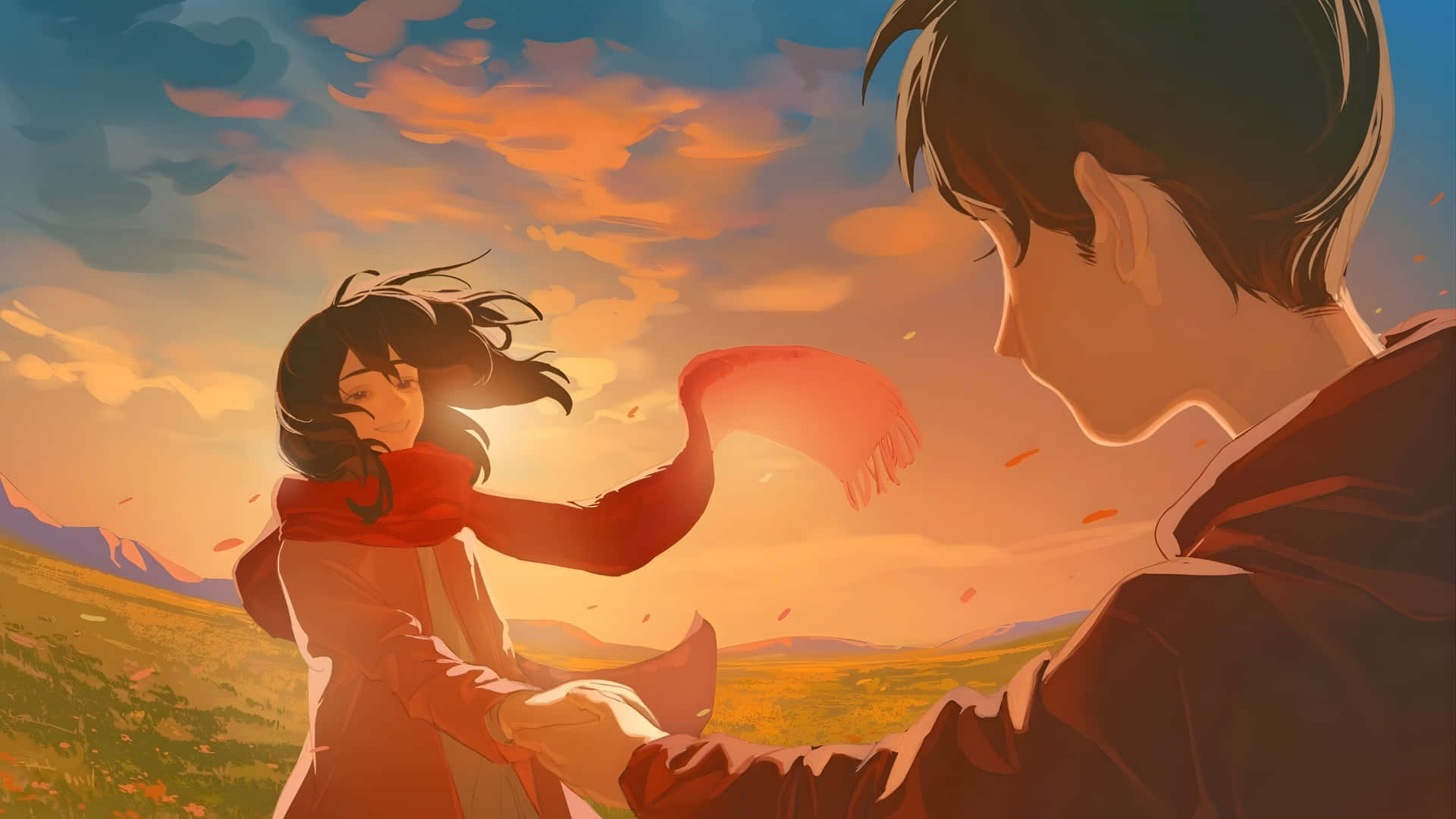  壁紙 — 兩個動漫角色在夕陽映照下，女孩揮動紅色圍巾旋轉，分享溫馨時刻。