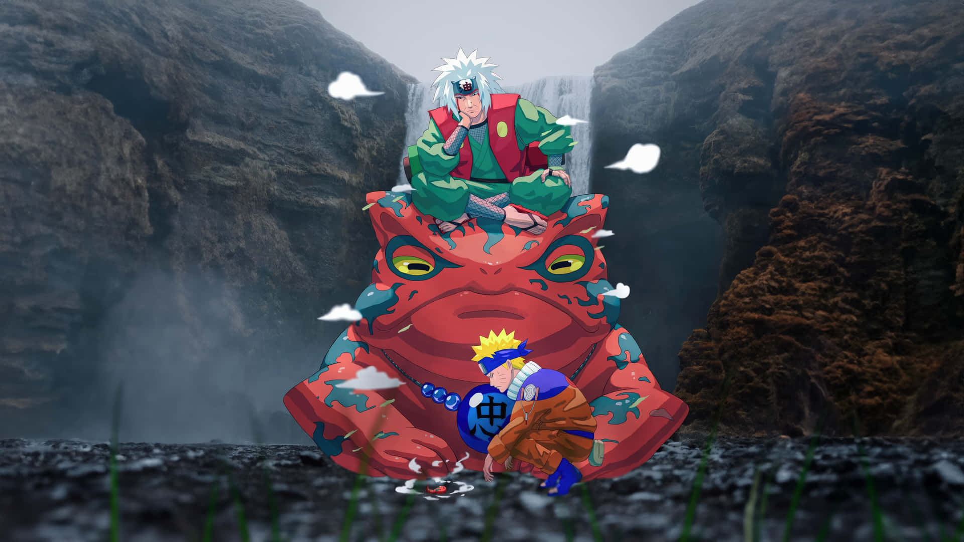  壁紙 — 兩個動漫角色坐在一隻巨大的紅色蟾蜍上，靠近岩石峽谷中霧氣瀰漫的瀑布。