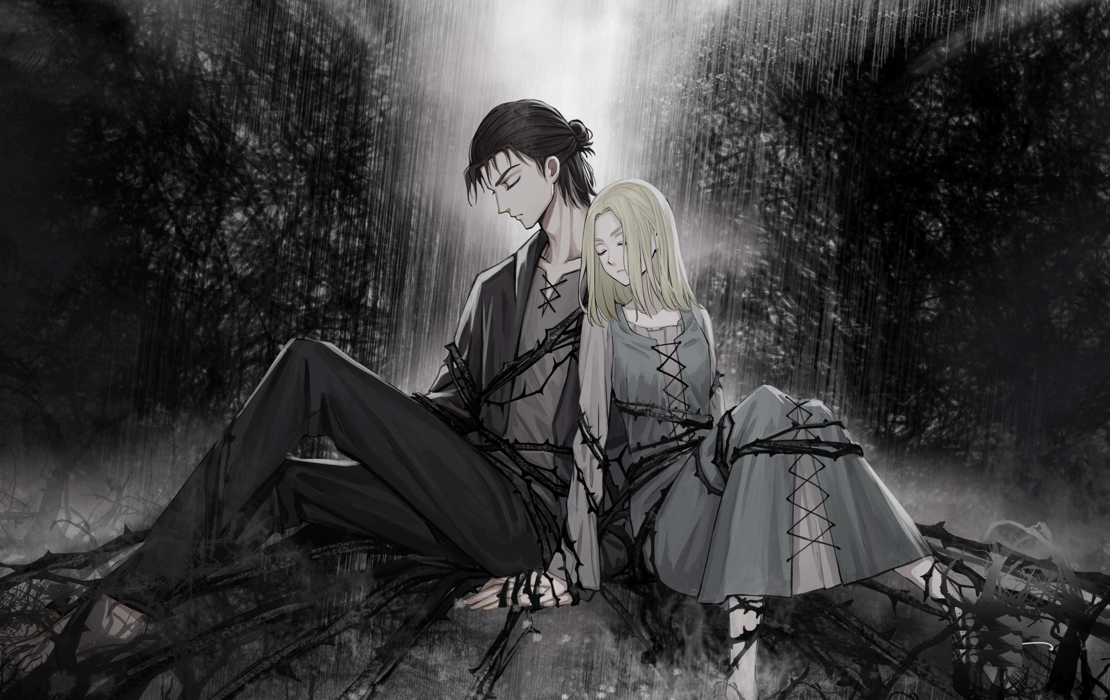 Manga Series 桌布 壁紙 — 兩個動漫角色在雨淋濕的森林樹冠下，纏繞在黑暗荊棘中，帶有戲劇性的背光。