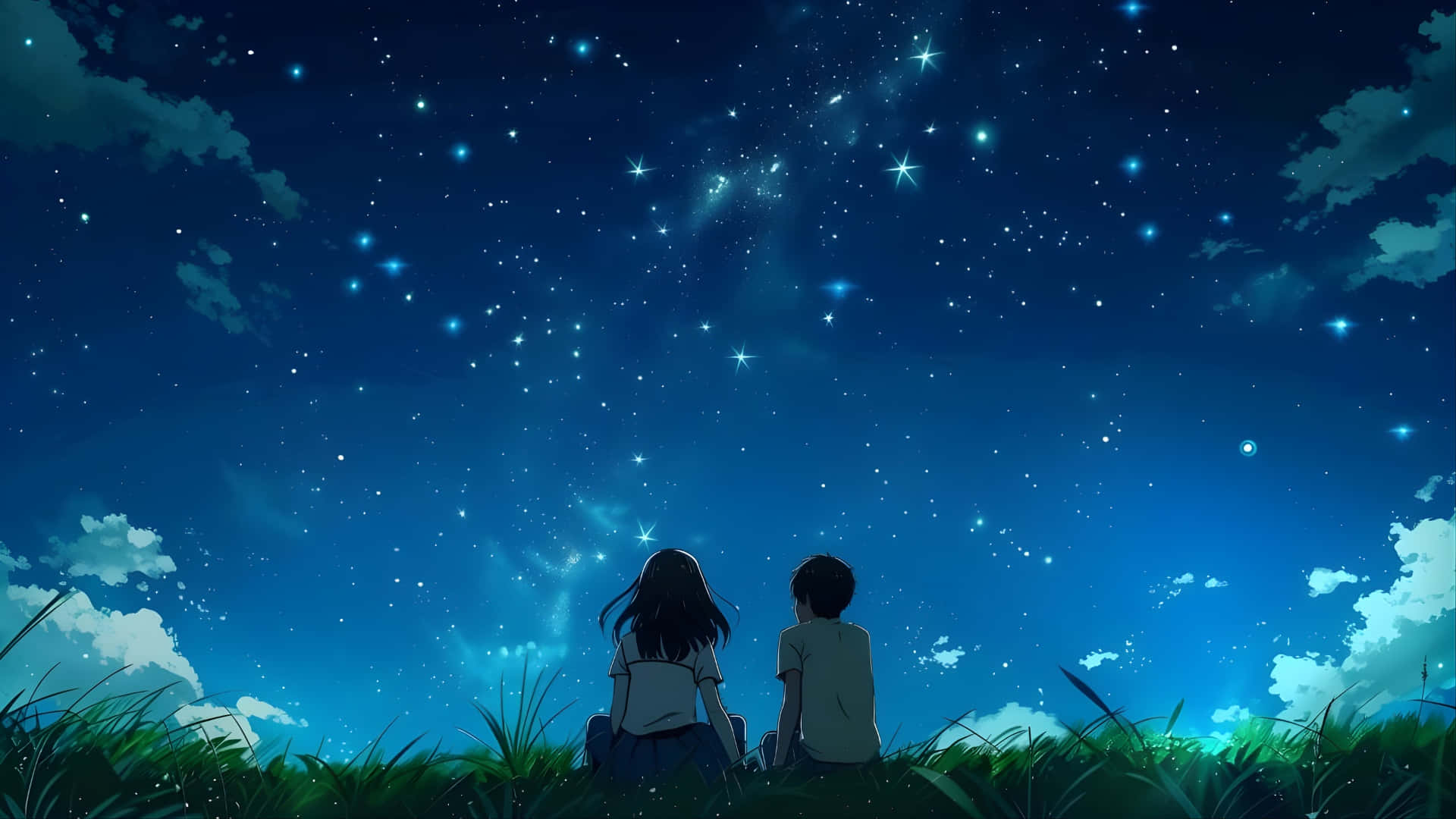  壁紙 — 兩個動漫角色坐在草地上凝視著充滿活力的星空夜空，雲朵發光。