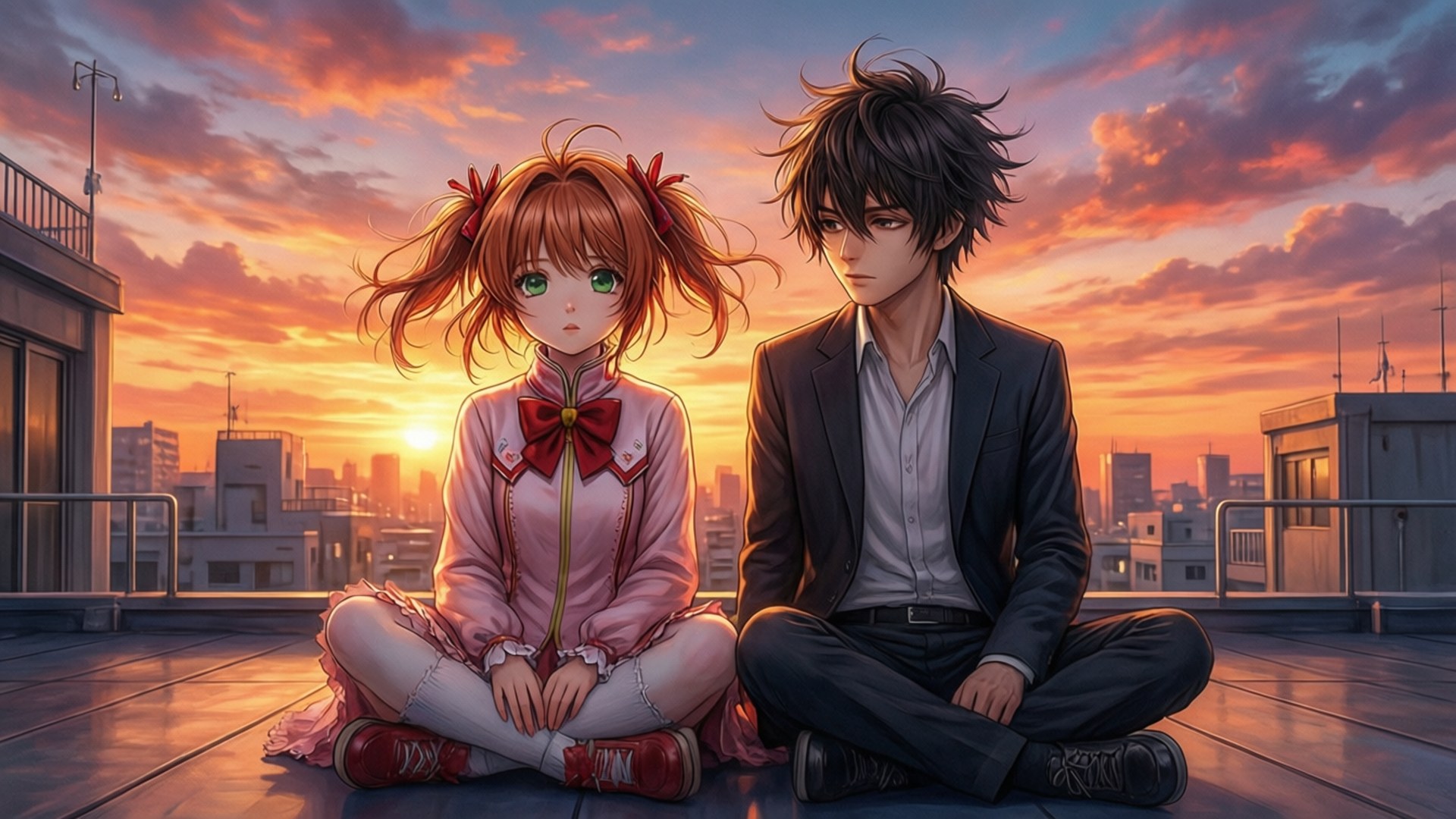 I Want To Eat Your Pancreas 桌布 壁紙 — 兩個動漫角色盤腿坐在屋頂上，夕陽燦爛，將城市天際線染成溫暖的橙色和粉紅色調。