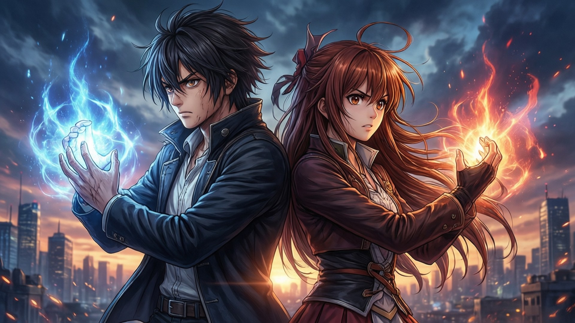 Guilty Crown 桌布 壁紙 — 兩個動漫角色在都市景觀中背對背站立，一個揮舞藍色閃電，另一個操控火焰能量，背景是暴風雨般的日落天空。