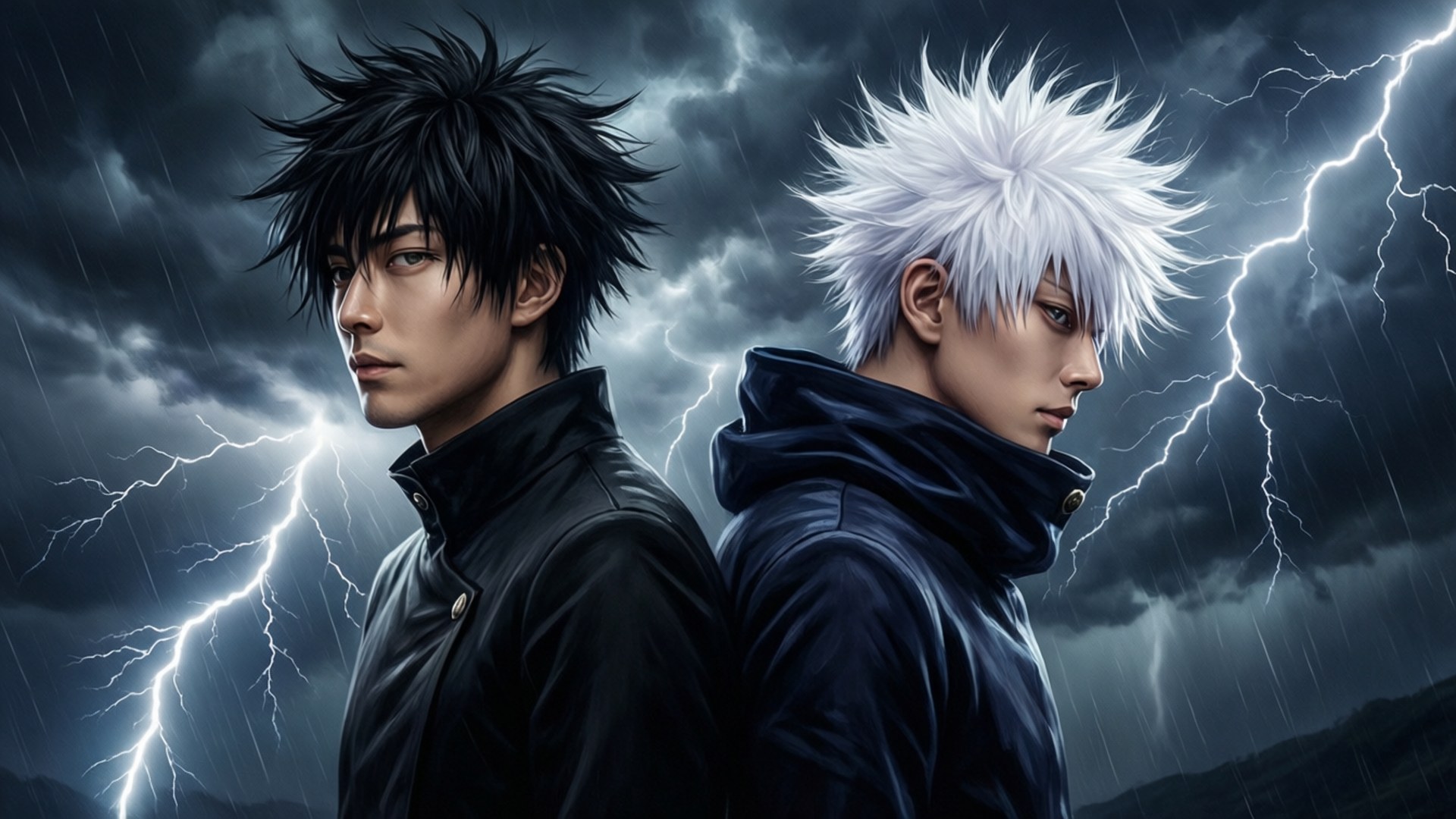 Fated Rivals 壁紙 — 兩個動漫角色在暴風雨的天空下背對背站立，閃電在他們周圍閃爍。