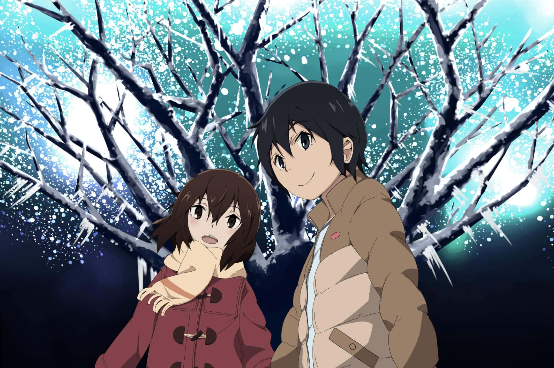 Satoru Fujinuma 桌布 壁紙 — 兩個動漫角色在積雪的樹枝下緊靠著，背景是發光的藍色冬夜天空。