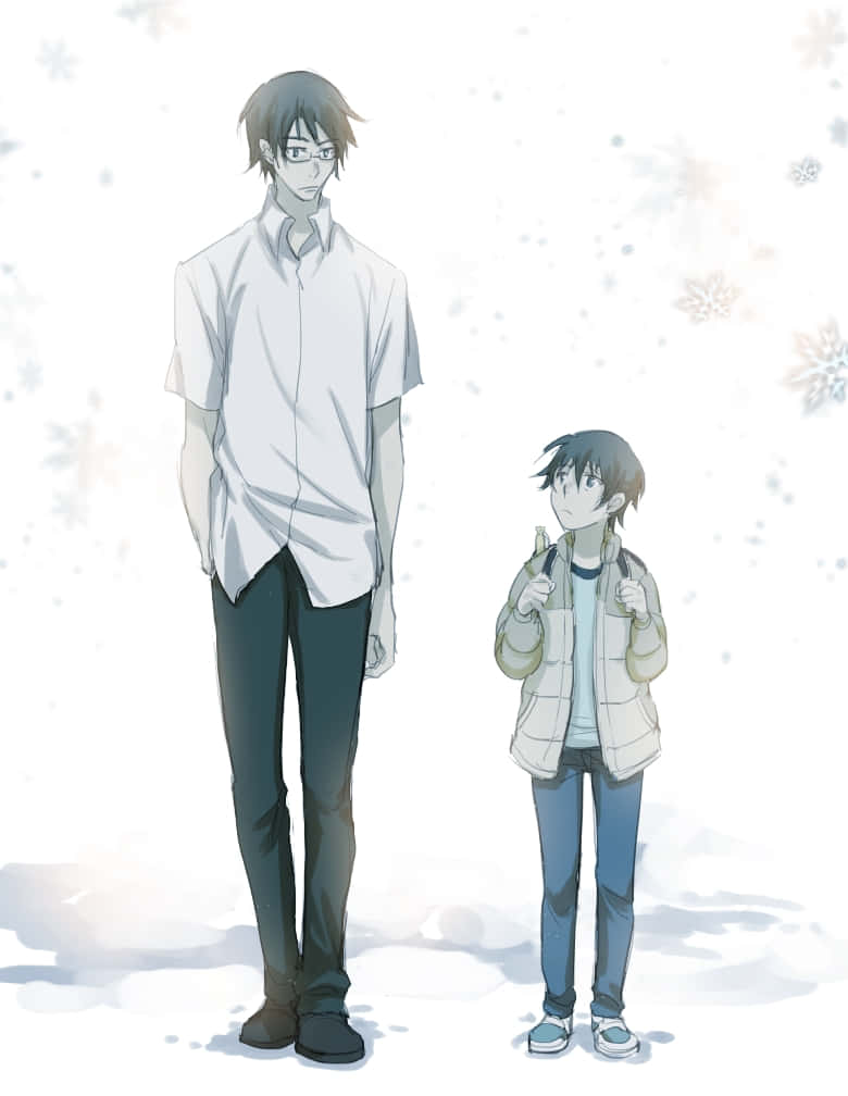 Satoru Fujinuma 桌布 壁紙 — 兩個動漫角色站在飄落的雪中，一個高一個矮，兩人都仰望上方，雪花在他們周圍旋轉。