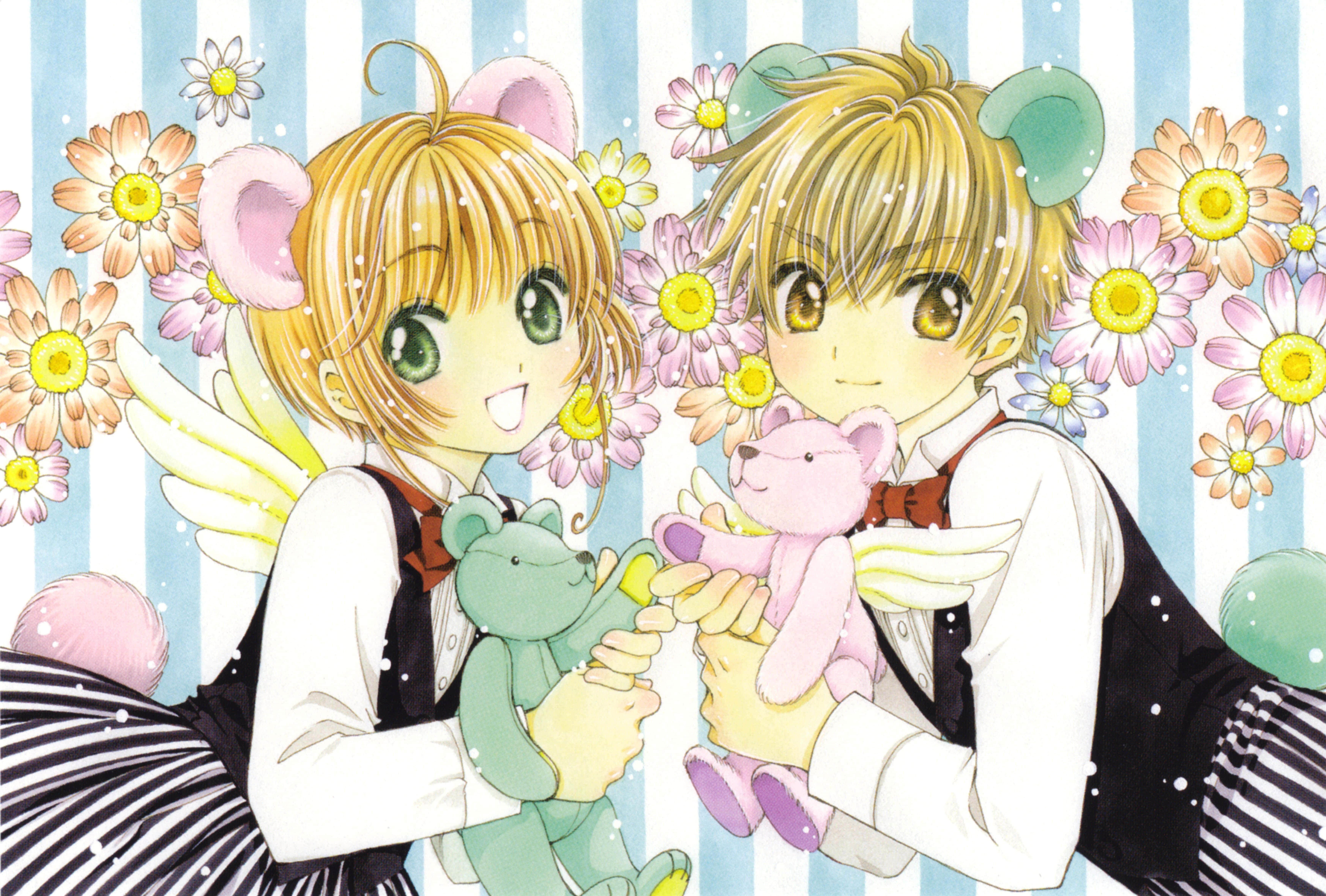 Syaoran Li 桌布 壁紙 — 兩個有動物耳朵和翅膀的動漫角色在條紋背景前，於盛開的花朵中抱著泰迪熊。