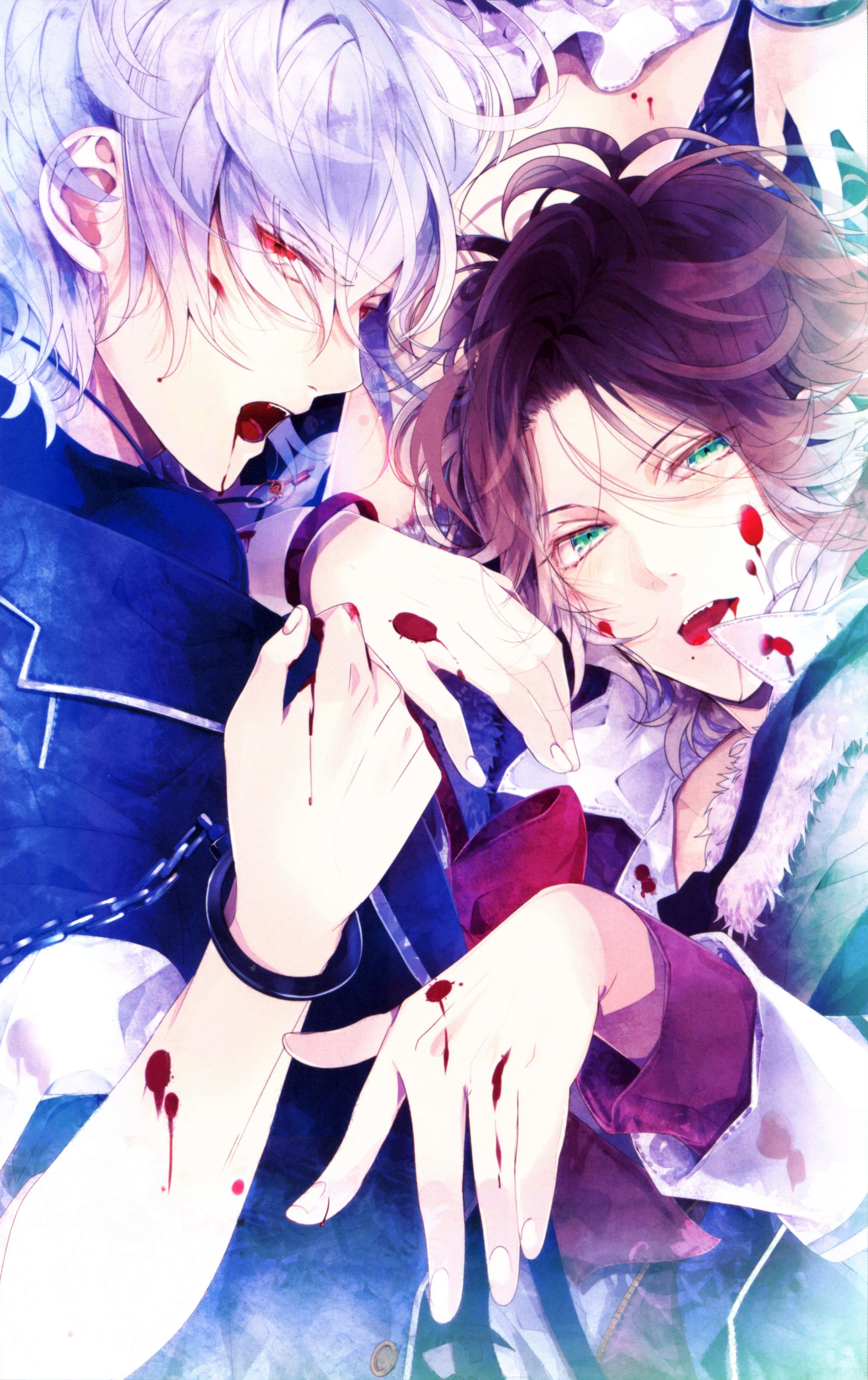 Laito Sakamaki 桌布 壁紙 — 兩個動漫角色，手和臉沾滿血，戲劇性的特寫，一個銀髮紅眼，另一個黑髮綠眼。