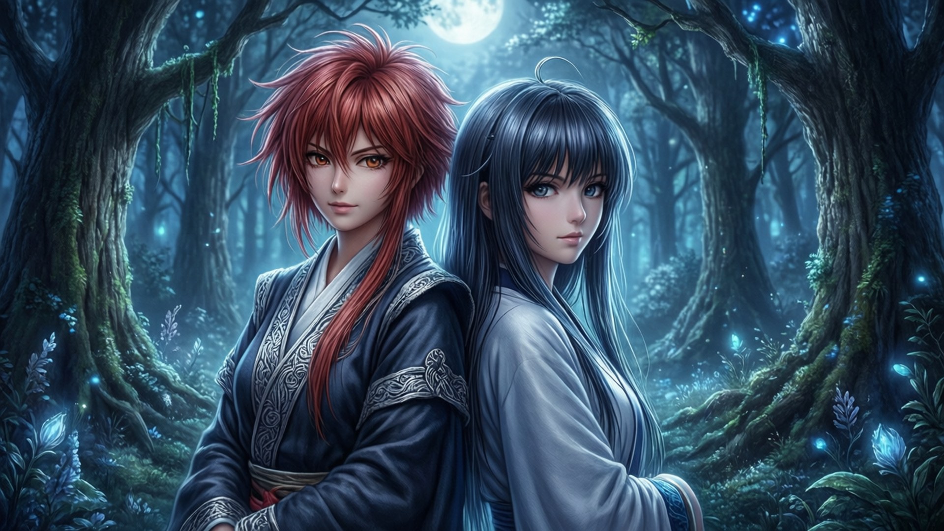 Kamisama Kiss 桌布 壁紙 — 兩個動漫角色，一紅一藍頭髮，在神秘月光森林中背靠背站立，森林散發著藍色生物螢光。