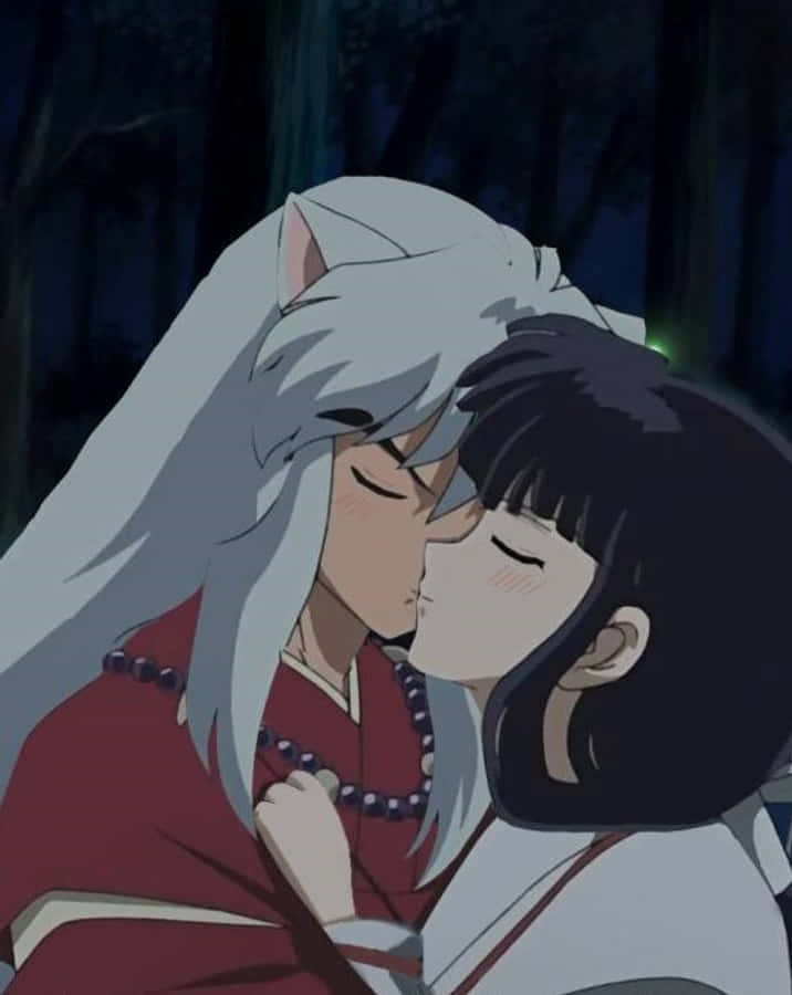 Inuyasha And Sesshomaru 桌布 壁紙 — 兩個動漫角色，分別有銀色和黑色頭髮，在夜晚的黑暗森林中溫柔地接吻。