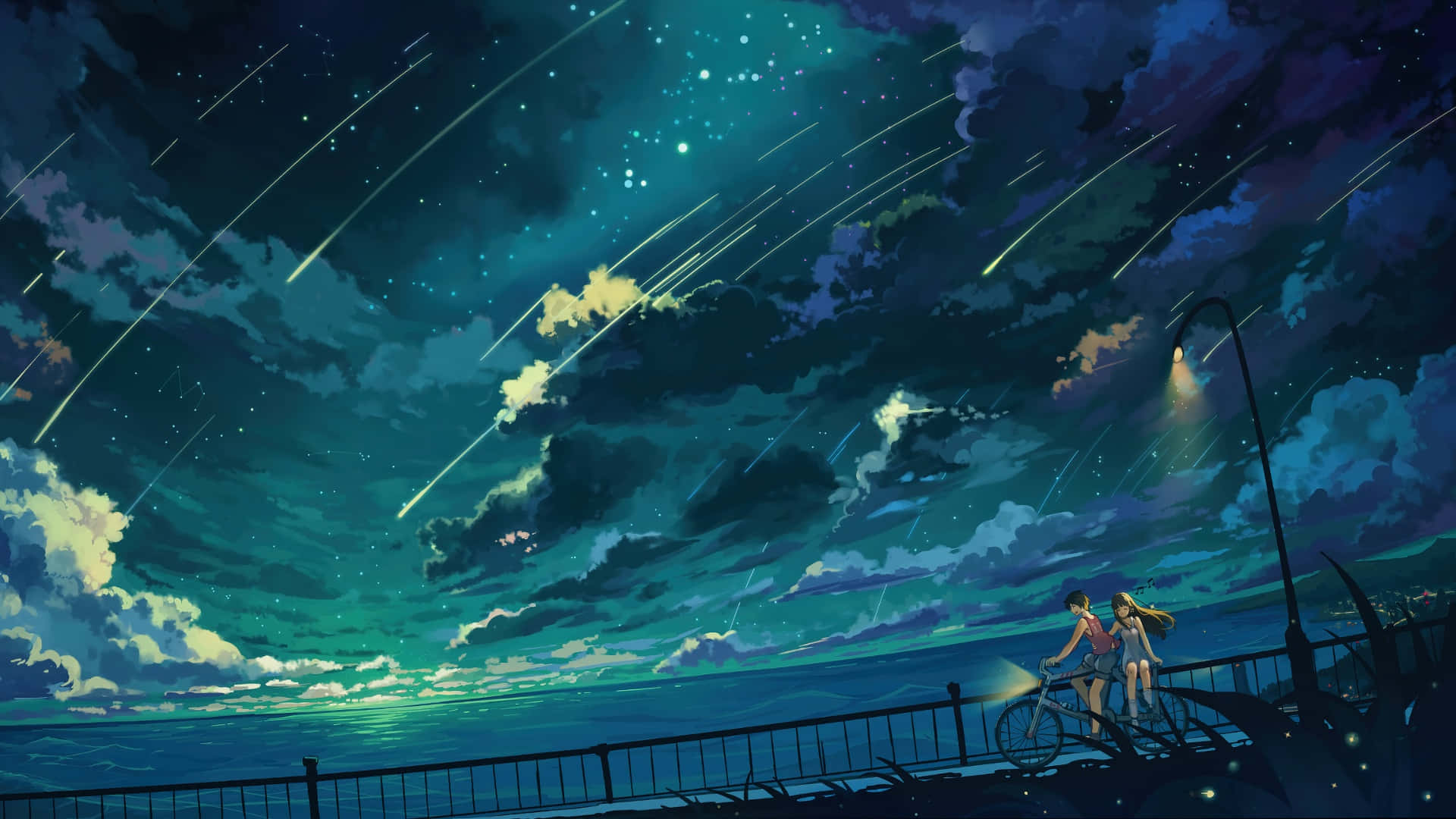  壁紙 — 兩個動漫人物站在海邊碼頭的單車旁，夜空璀璨，流星劃過，雲朵發光。