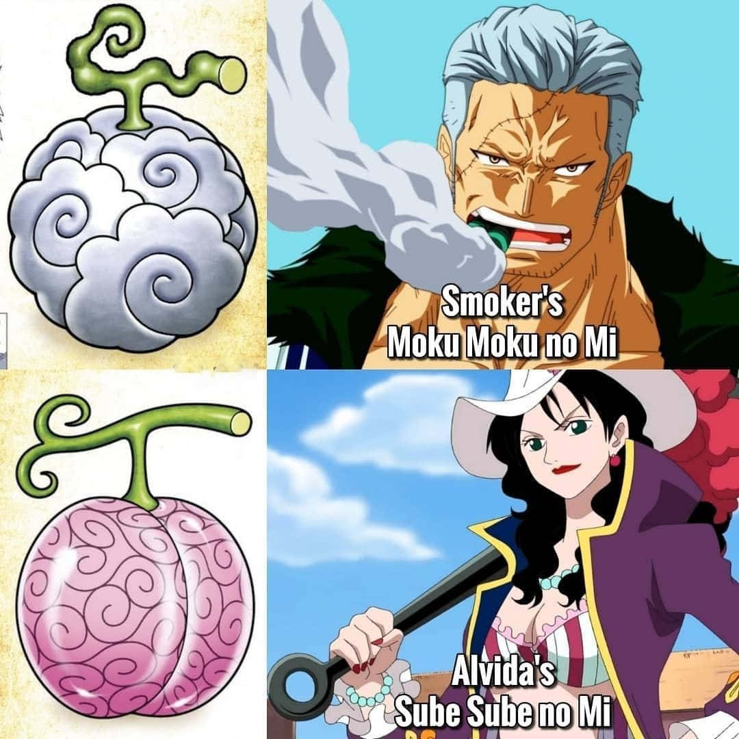 兩個動畫角色及其來自《One Piece》的惡魔果實。