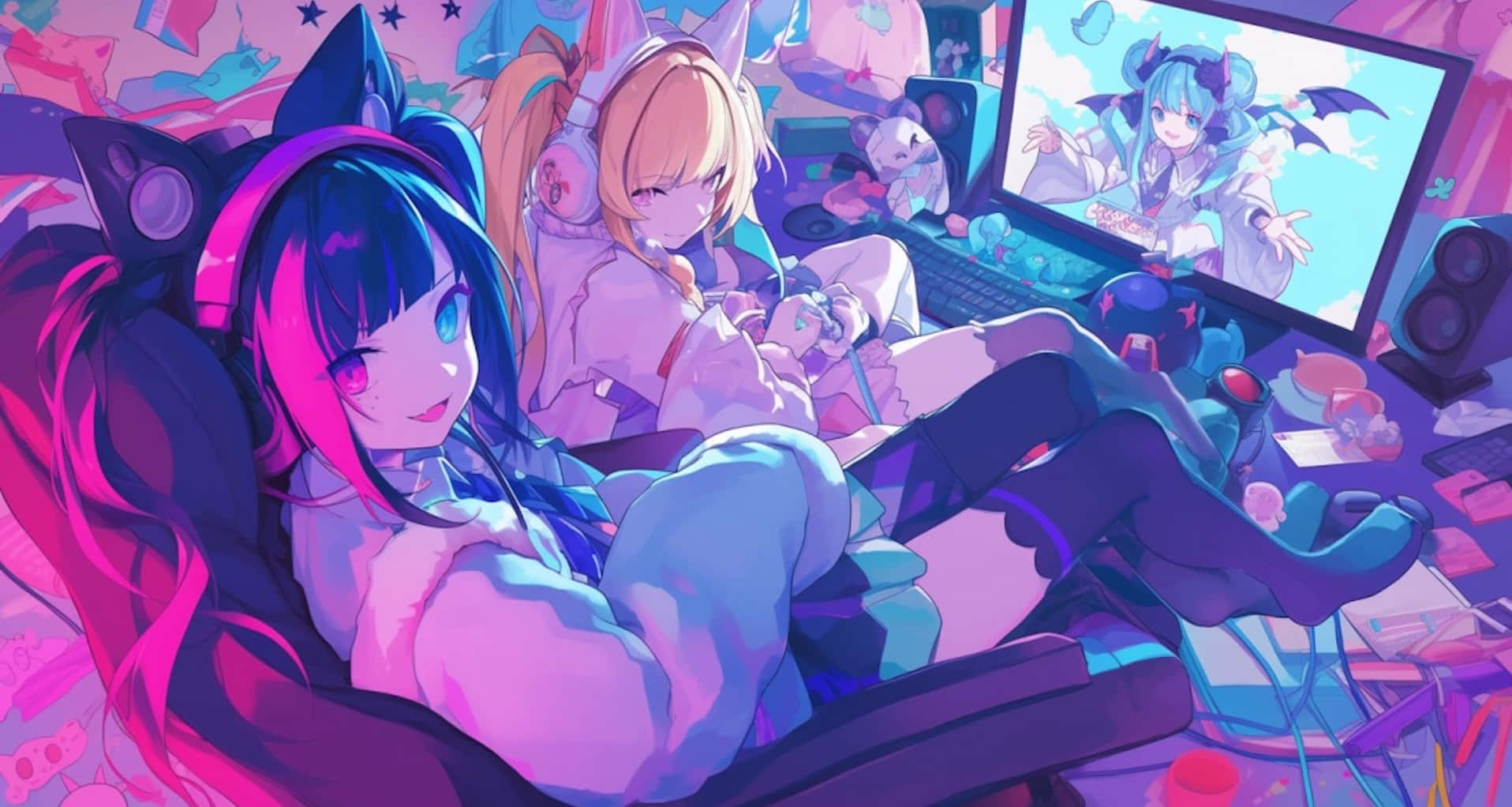 Needy Streamer Overload 桌布 壁紙 — 兩個戴貓耳嘅動漫女仔喺霓虹燈光嘅遊戲房梳化上休息，有個發光嘅顯示器。