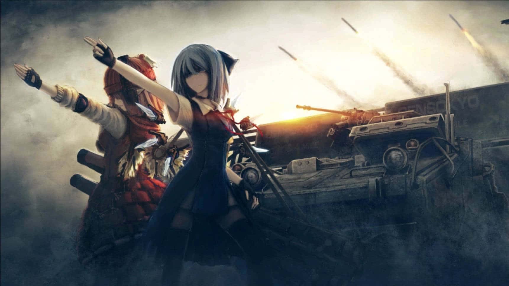 壁紙 — 兩個身穿戰鬥裝備的動漫女孩挑釁地站在軍艦上，導彈在夕陽下穿過煙霧瀰漫的戰場。