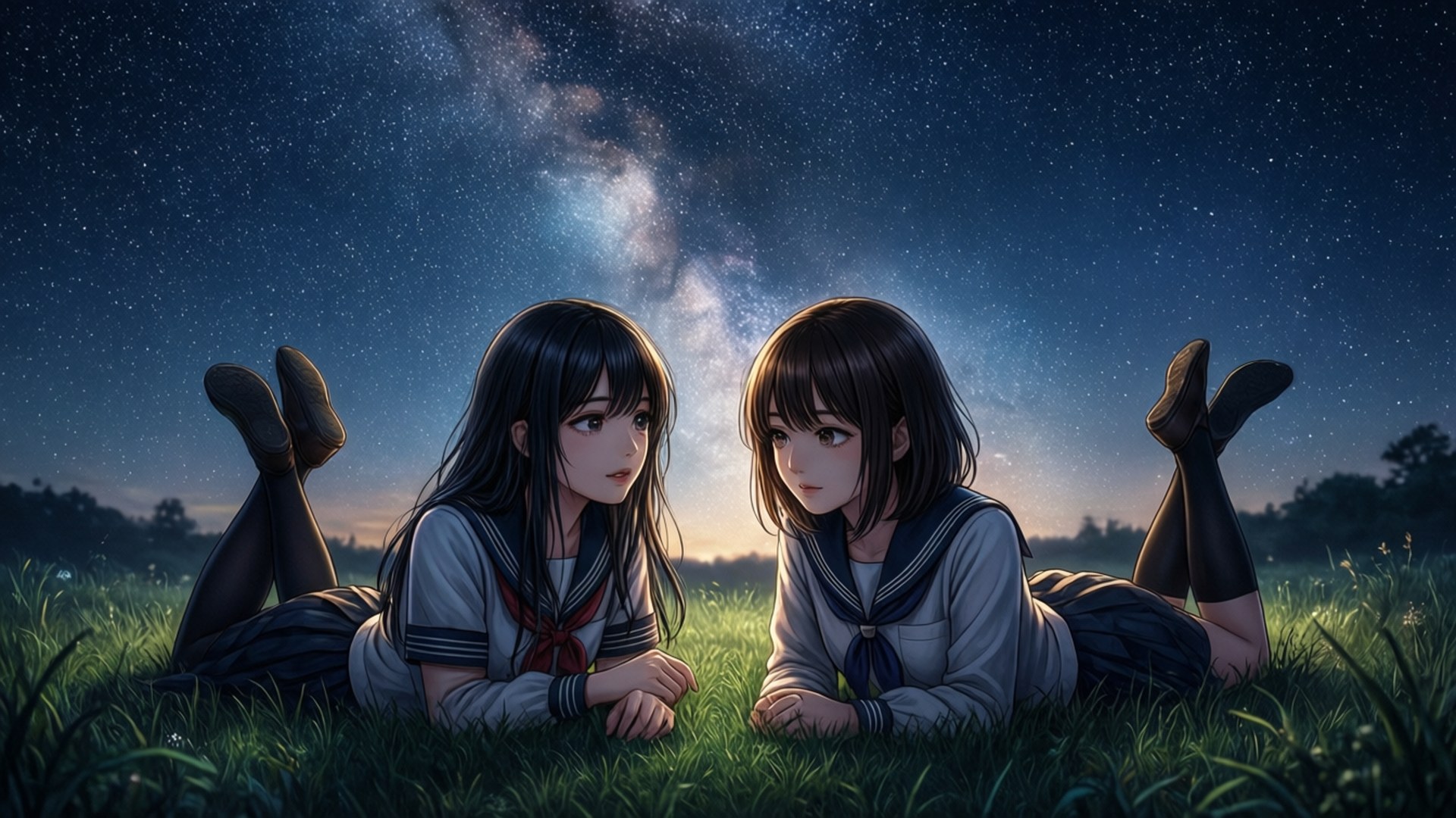 Stargazing Together 壁紙 — 兩個穿著水手服嘅動畫女仔躺喺草地上，仰望住銀河閃耀嘅星空。