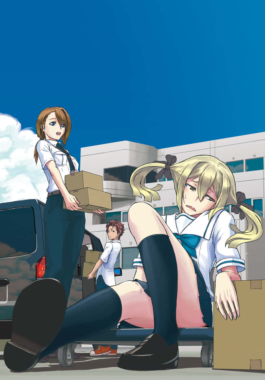  壁紙 — 兩個穿著校服嘅動漫女仔喺晴朗藍天下，喺一棟現代建築旁邊從貨車上卸下紙箱。