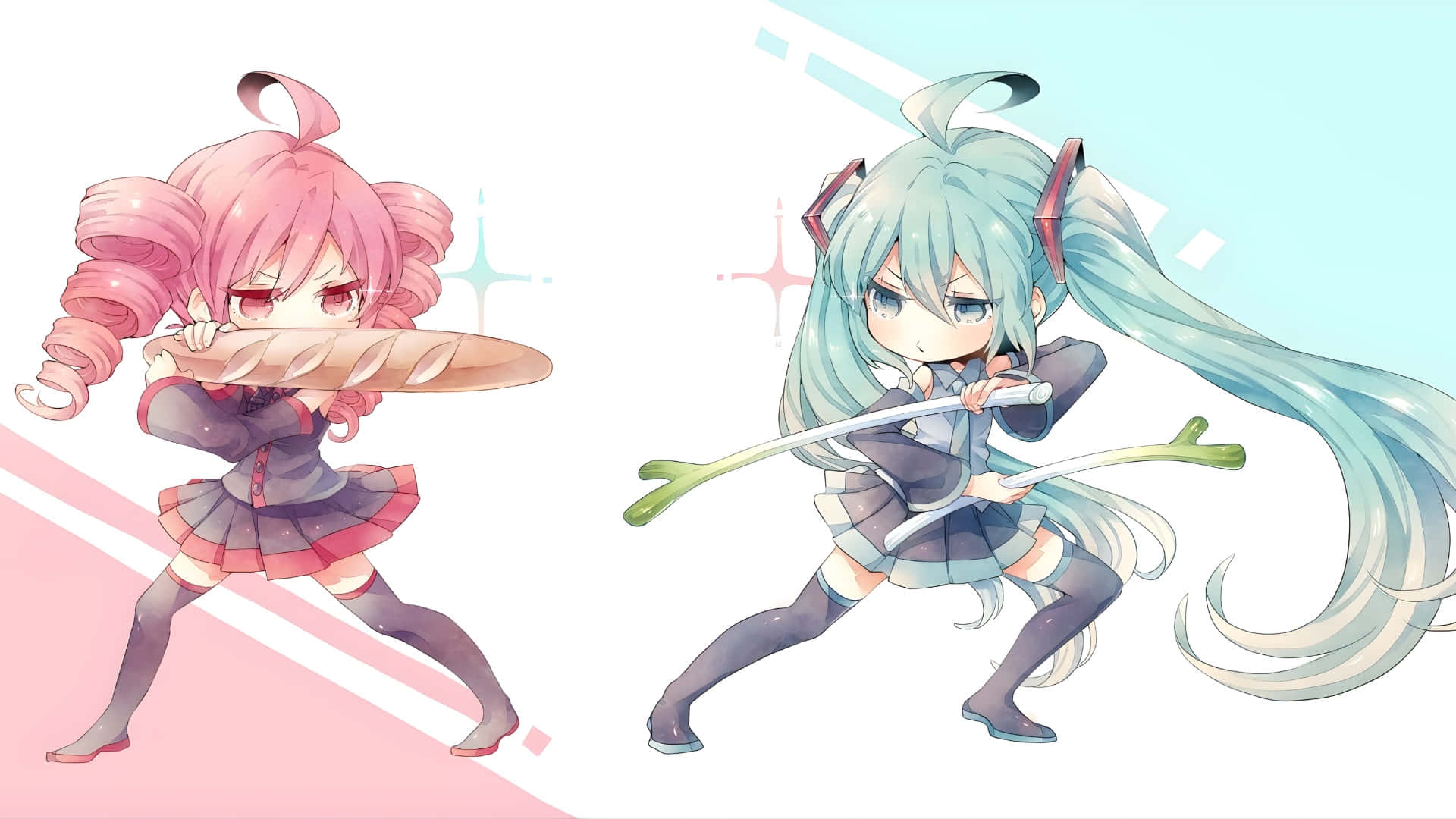  壁紙 — 兩個穿著校服的動漫女孩，像武器一樣揮舞著麵包和蔥，擺出動態的戰鬥姿勢。