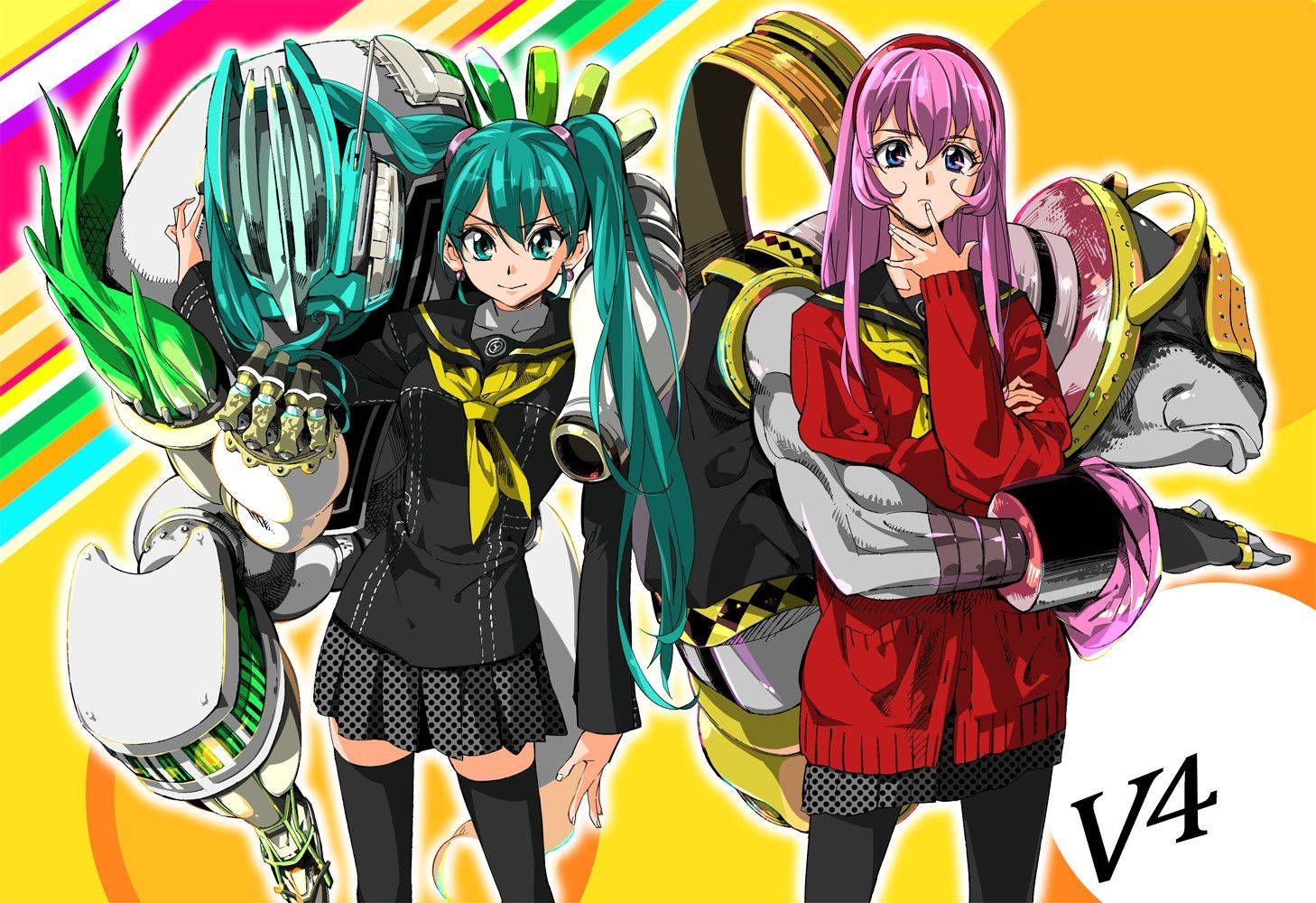 《女神異聞錄4》與初音未來的精彩跨界合作！ 壁紙 — 兩個穿著校服的動漫女孩，配備機械臂裝備，自信地站在充滿活力的彩虹條紋背景前。