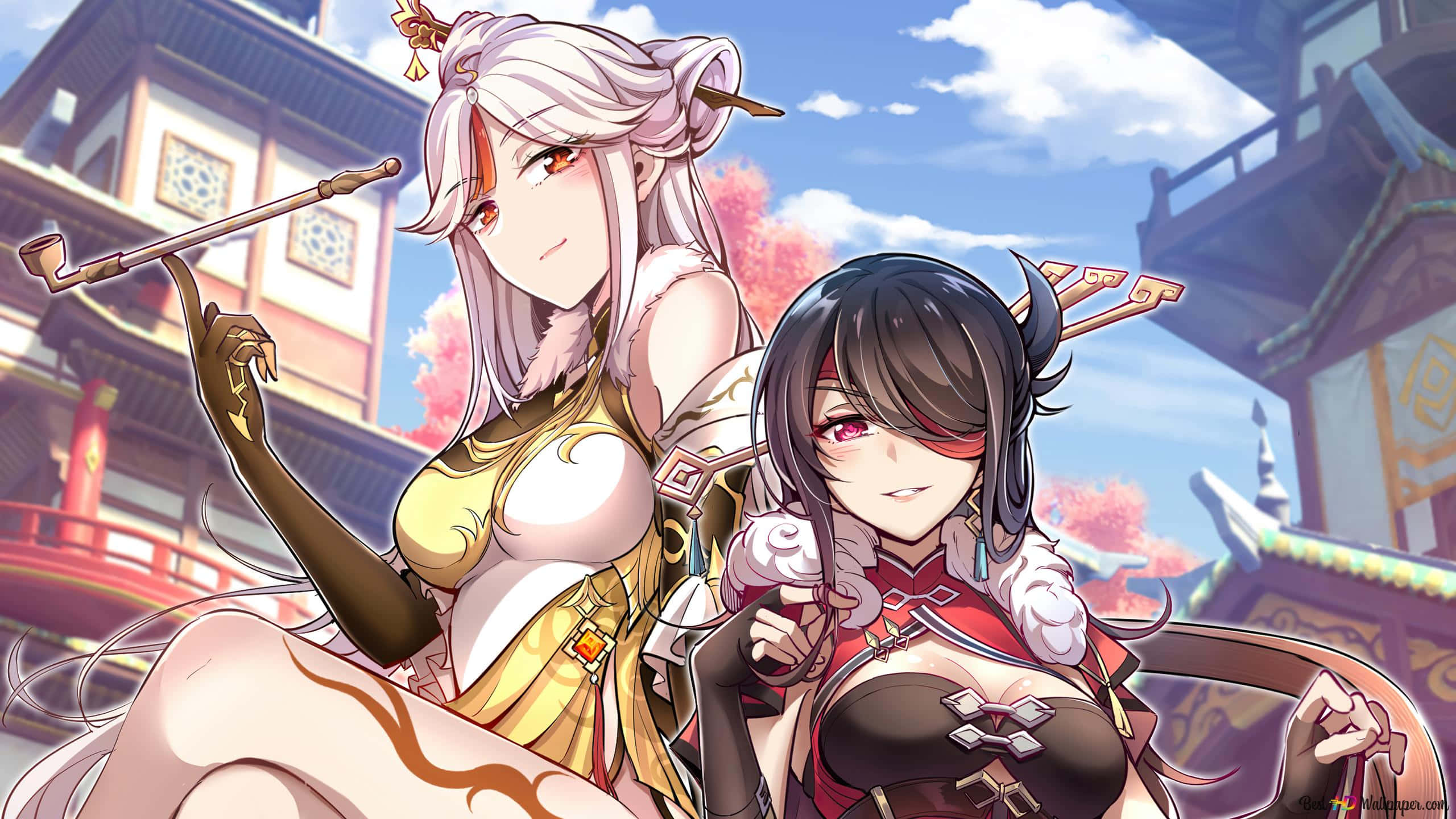 Genshin Impact Ningguang 桌布 壁紙 — 兩位身穿傳統服飾的動漫女孩在明亮的藍天下，自信地站在充滿活力的亞洲風格建築前擺姿勢。